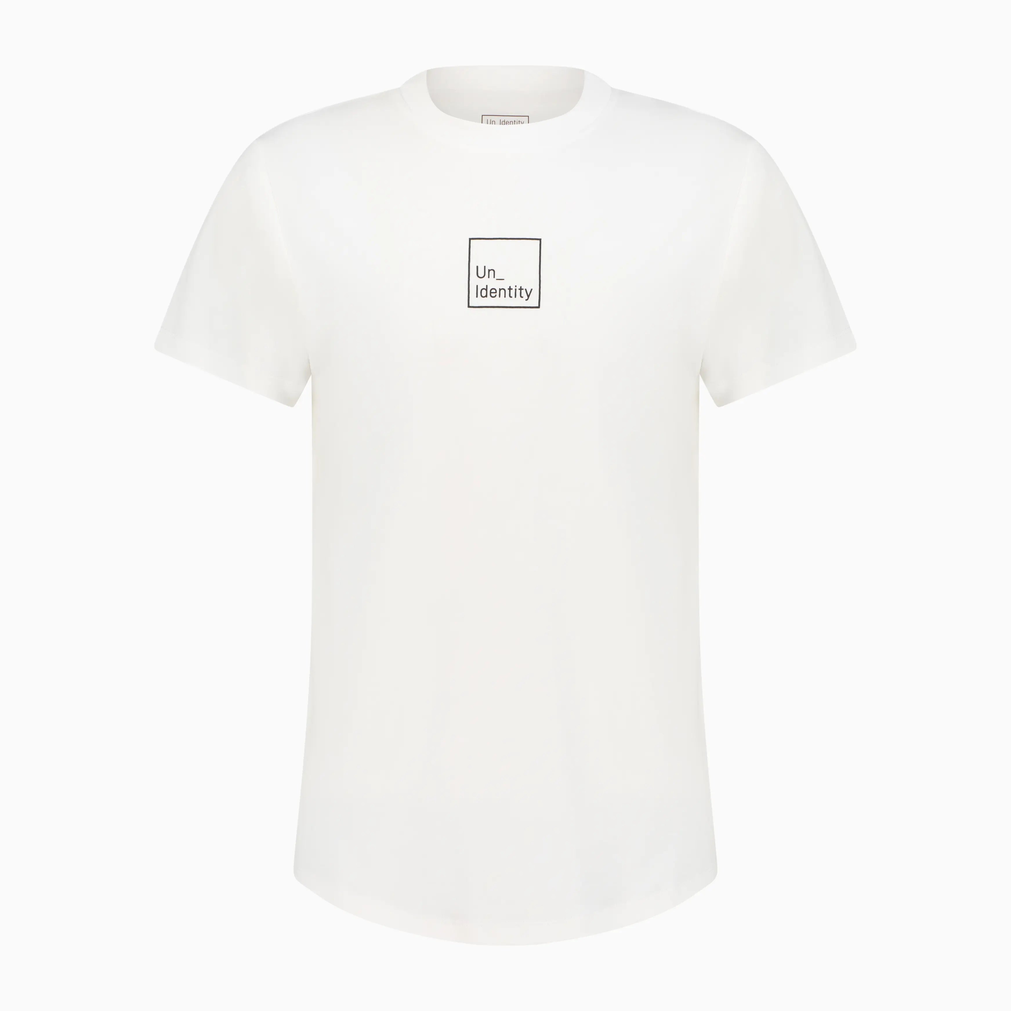 White Unidentity tee with logo, front side. #color_white