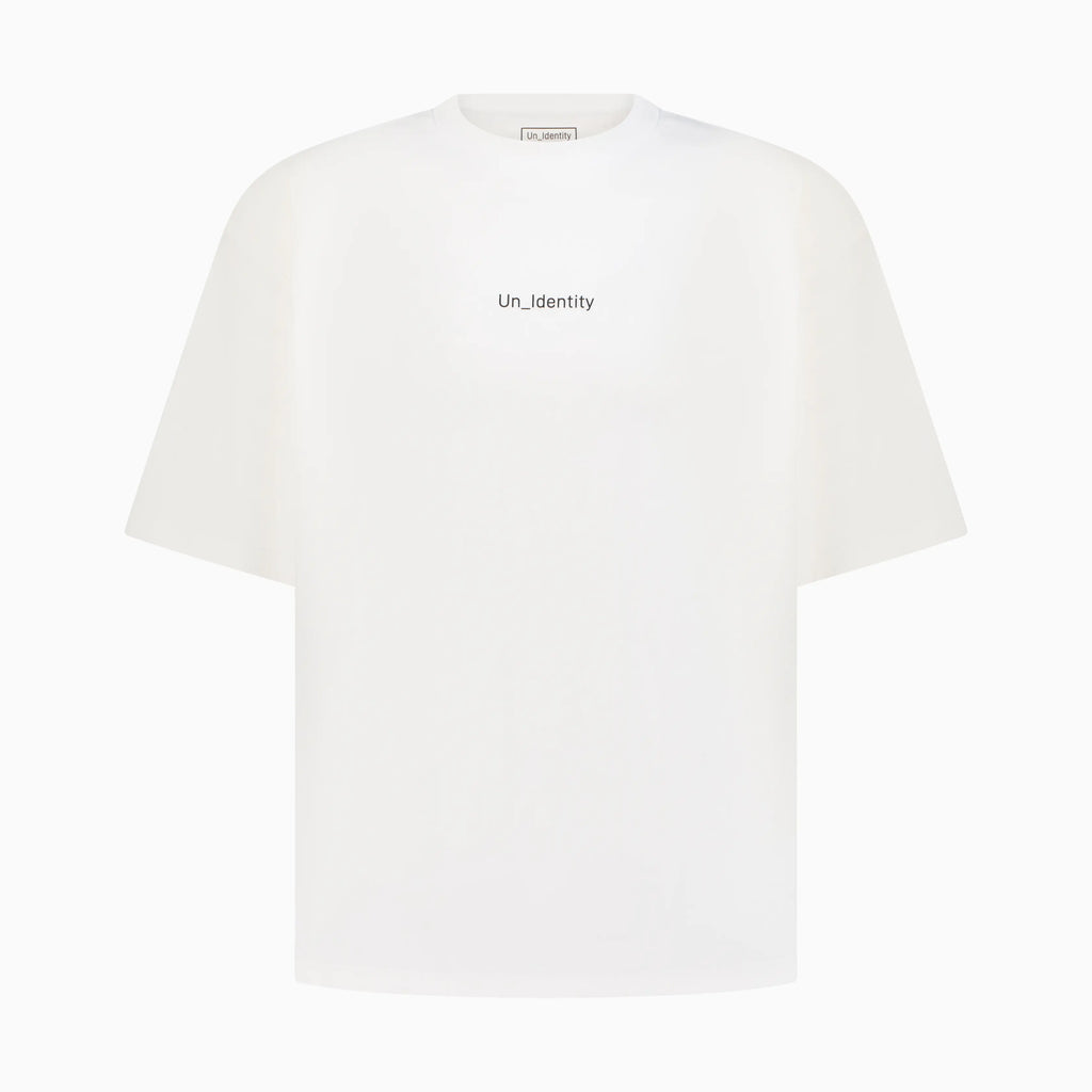 White T-shirt with black Unidentity text on the chest 