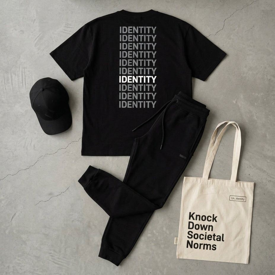 A black short-sleeve t-shirt with 'IDENTITY' printed repeatedly in white on the back, styled in a flat lay with black sweatpants, a black baseball cap, and a cream canvas tote bag that reads 'Knock Down Societal Norms' on a gray concrete background.