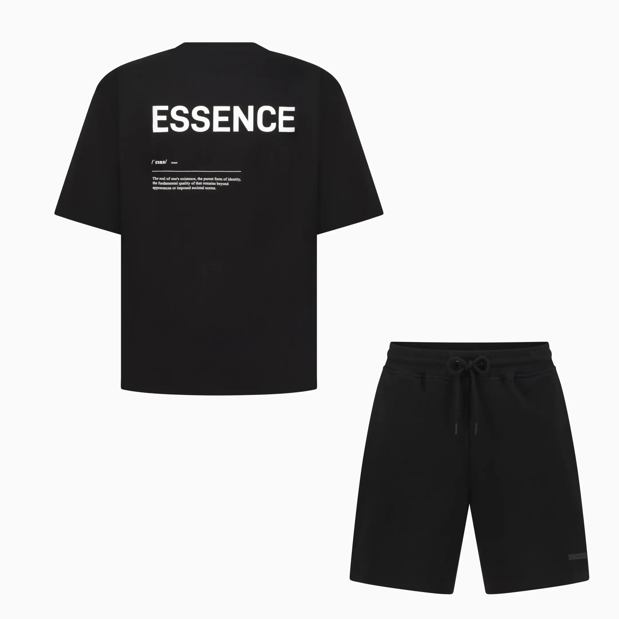 Black Unidentity T-shirt and shorts set with ESSENCE text 
