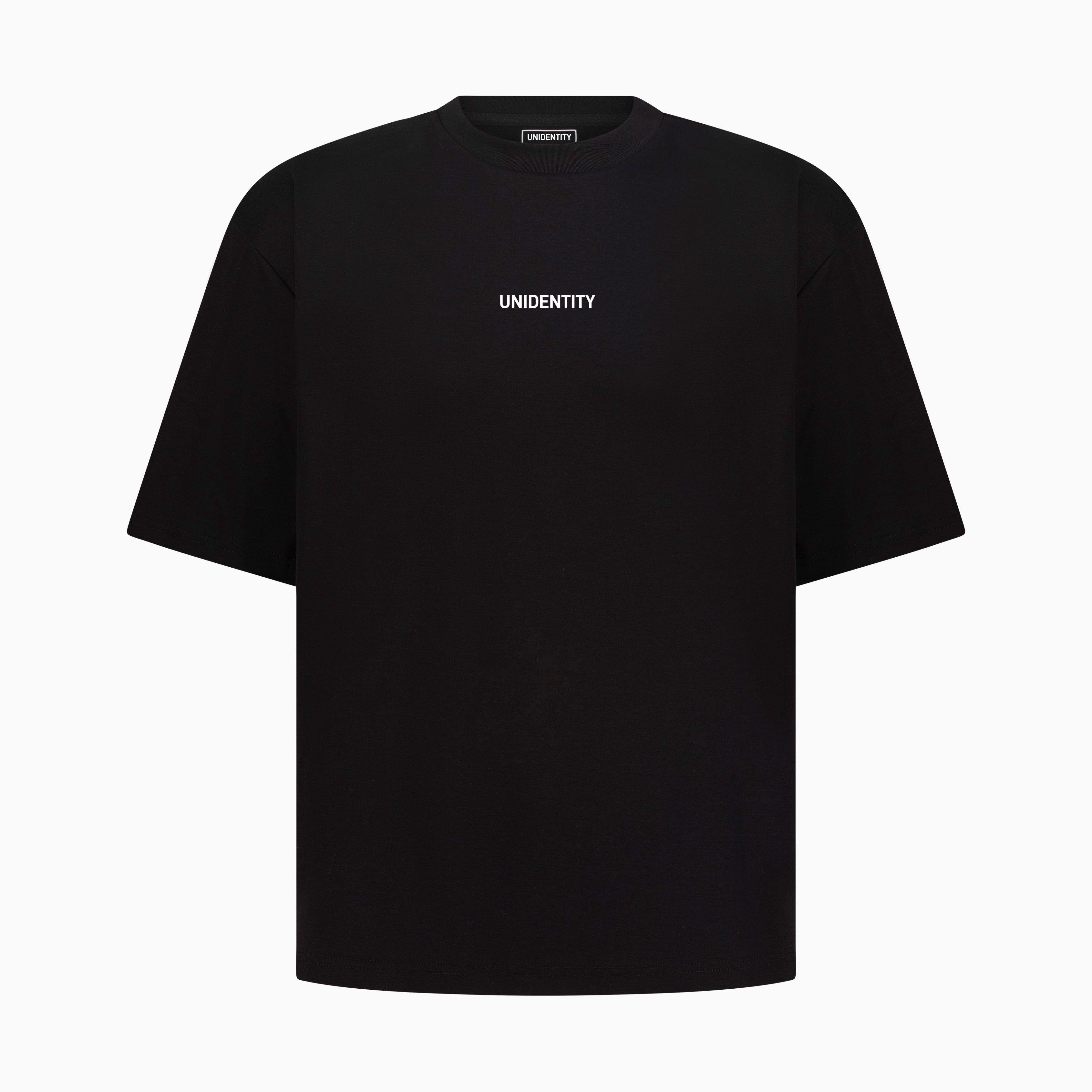 Black t-shirt with 'UNIDENTITY' text on a white background. #color_black