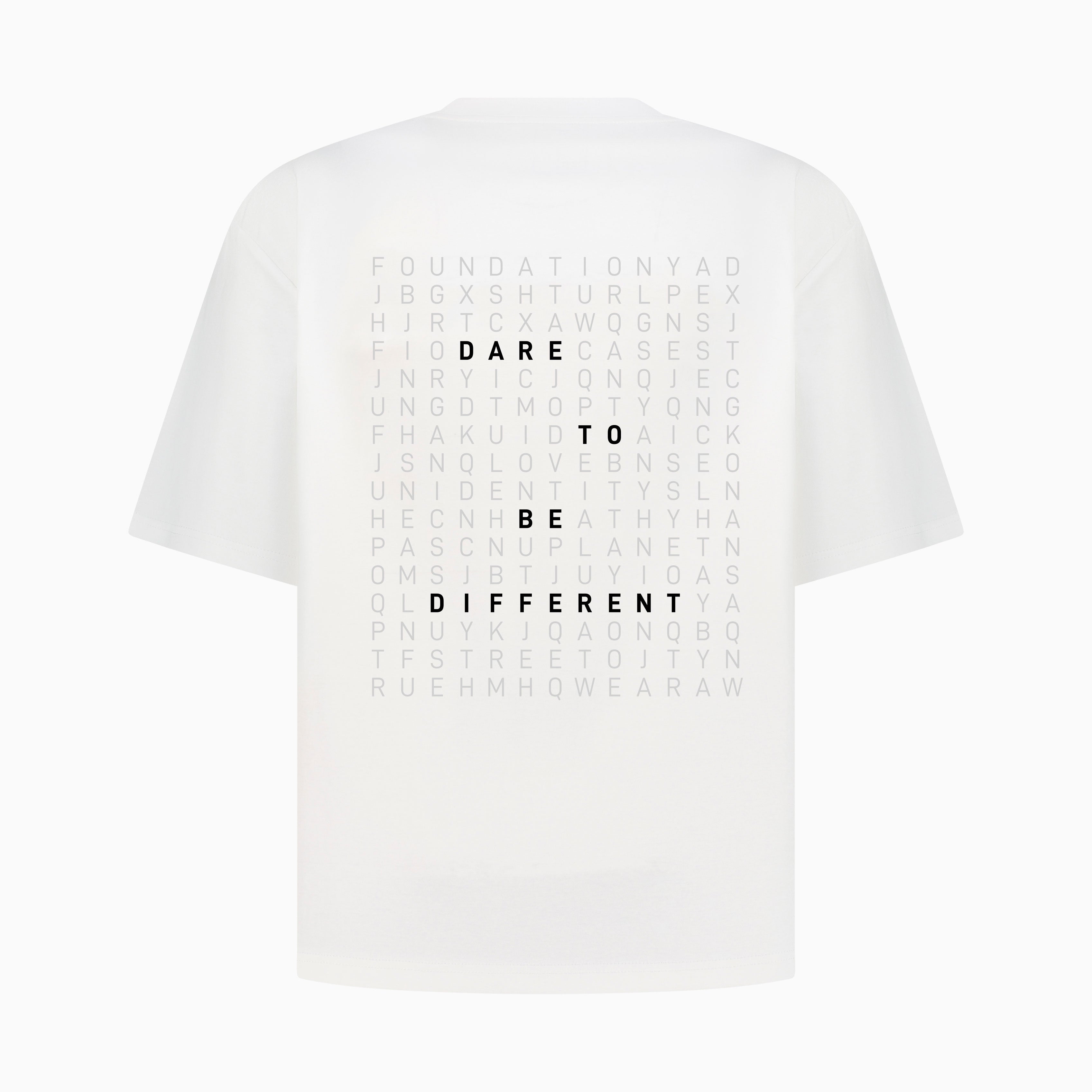 White t-shirt with black text on a white background #color_white