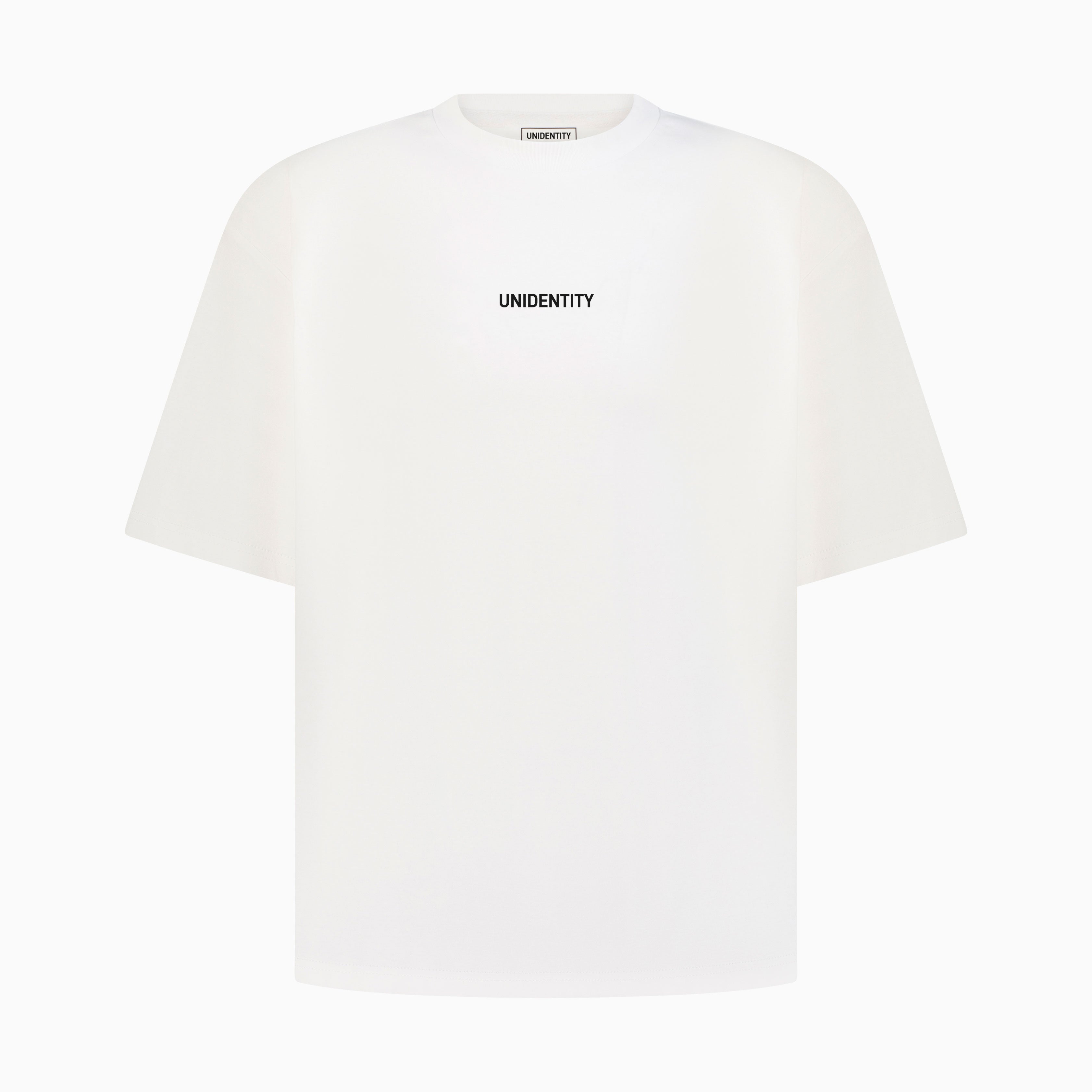 White t-shirt with 'UNIDENTITY' text on a white background #color_white
