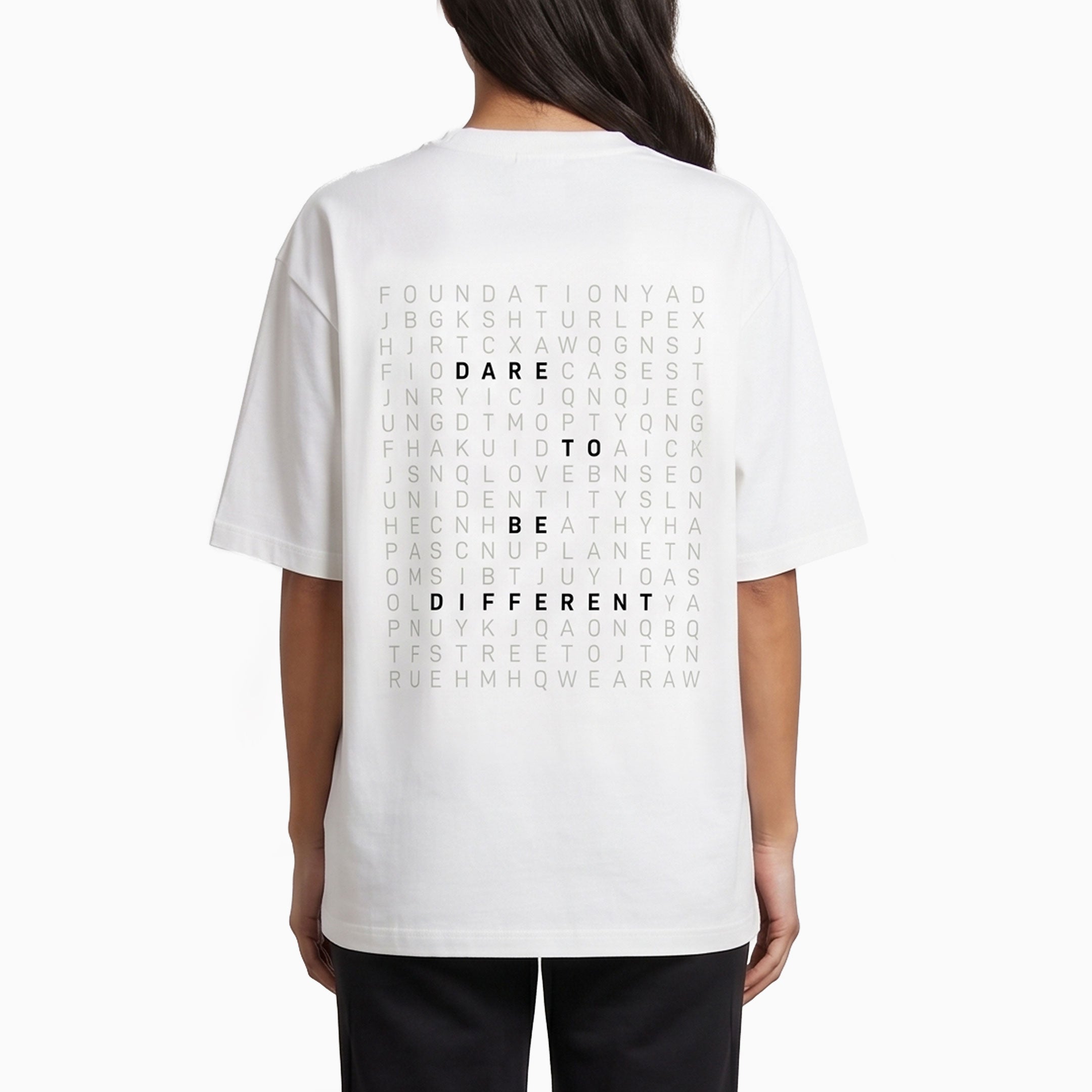 White t-shirt with text design on the back worn by a person #color_white