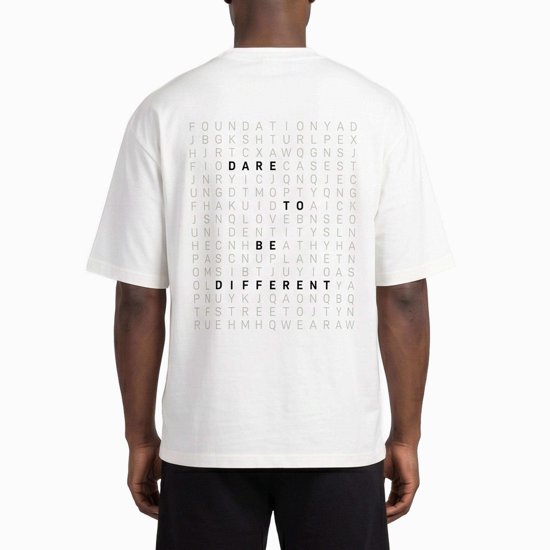 White t-shirt with text design on the back worn by a person #color_white