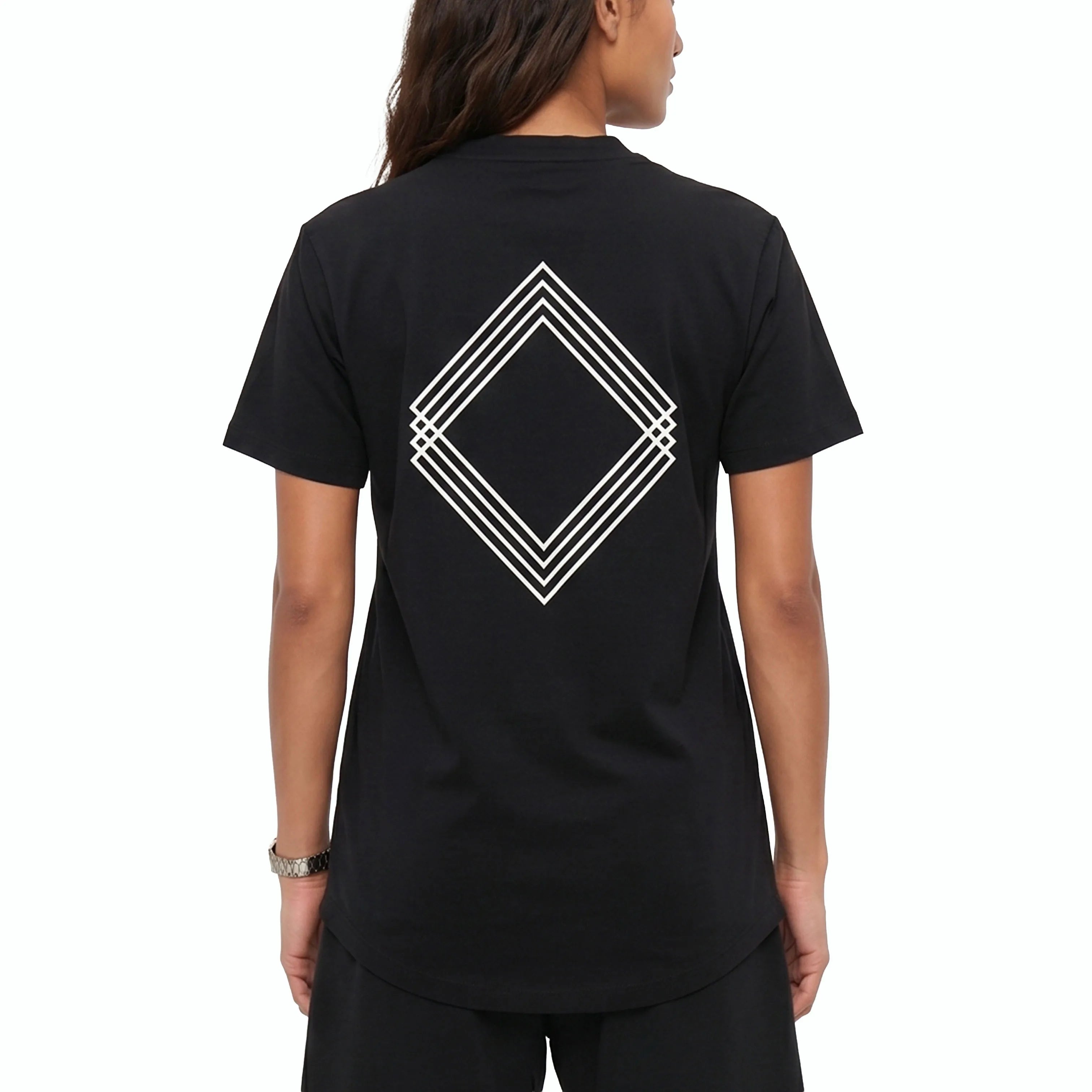 Model wearing black T-shirt with white Gem Unidentity logo on the back. #color_black