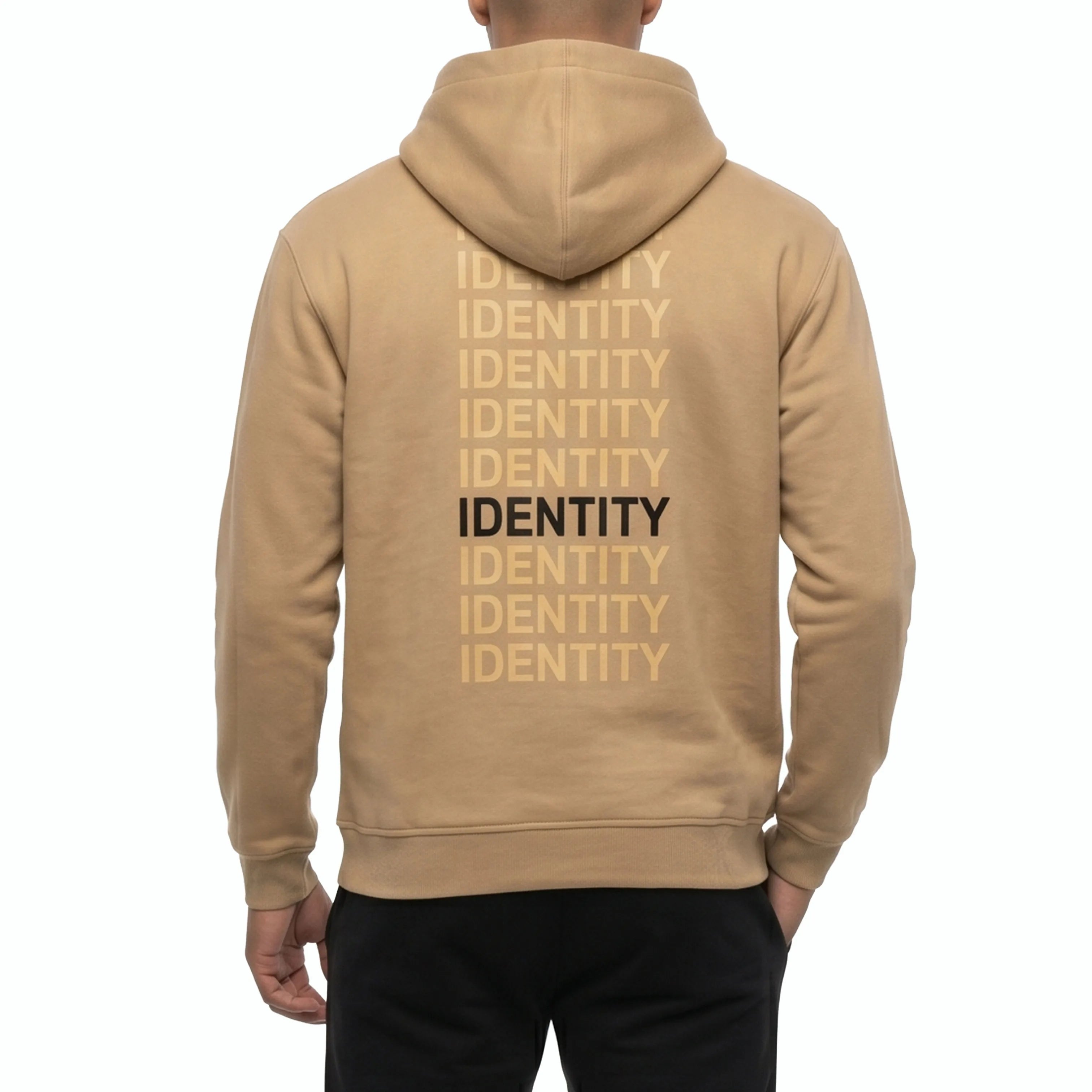 Beige hoodie with identity text on the back  on model. #color_beige