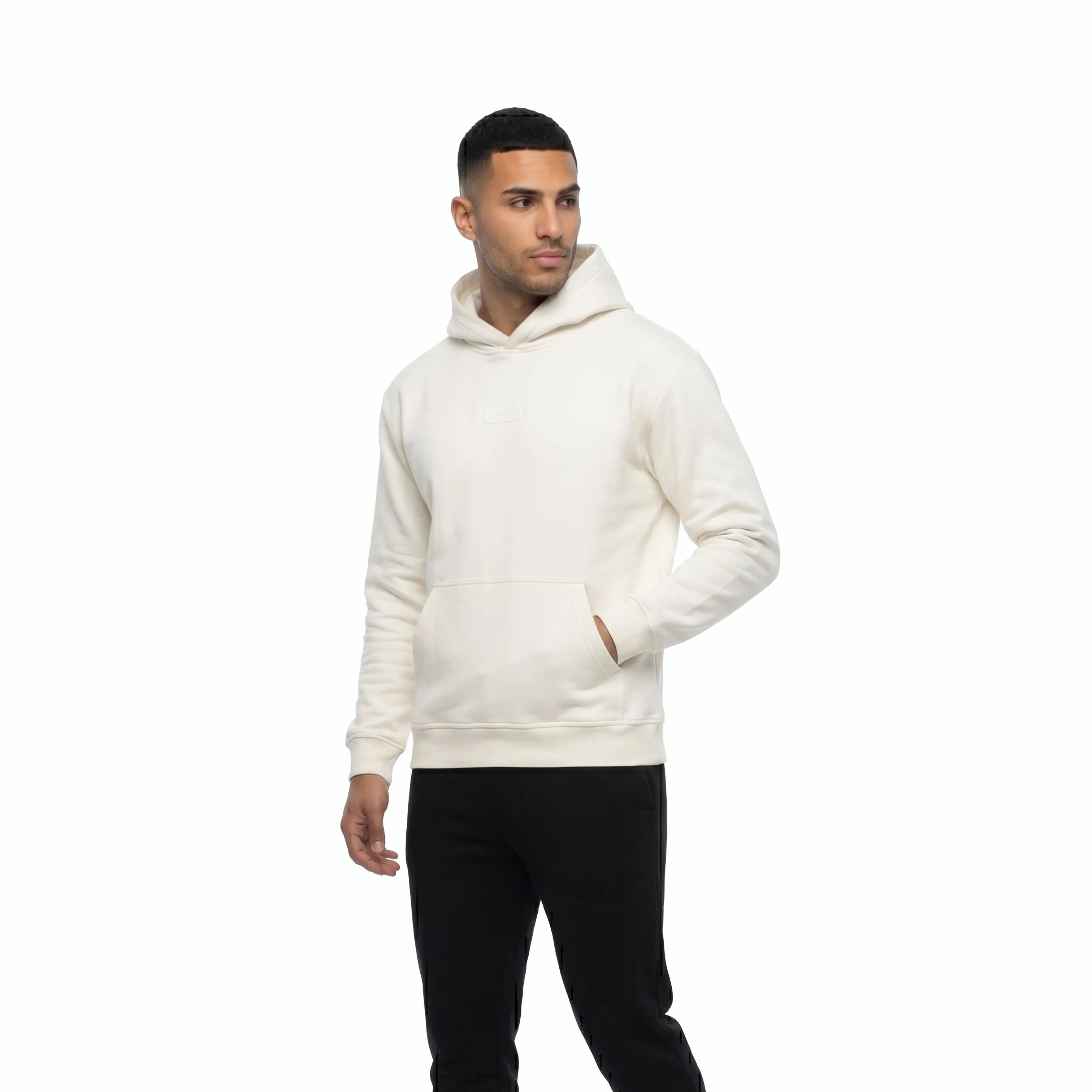 Man wearing white Unidentity hoodie and black pants. #color_white
