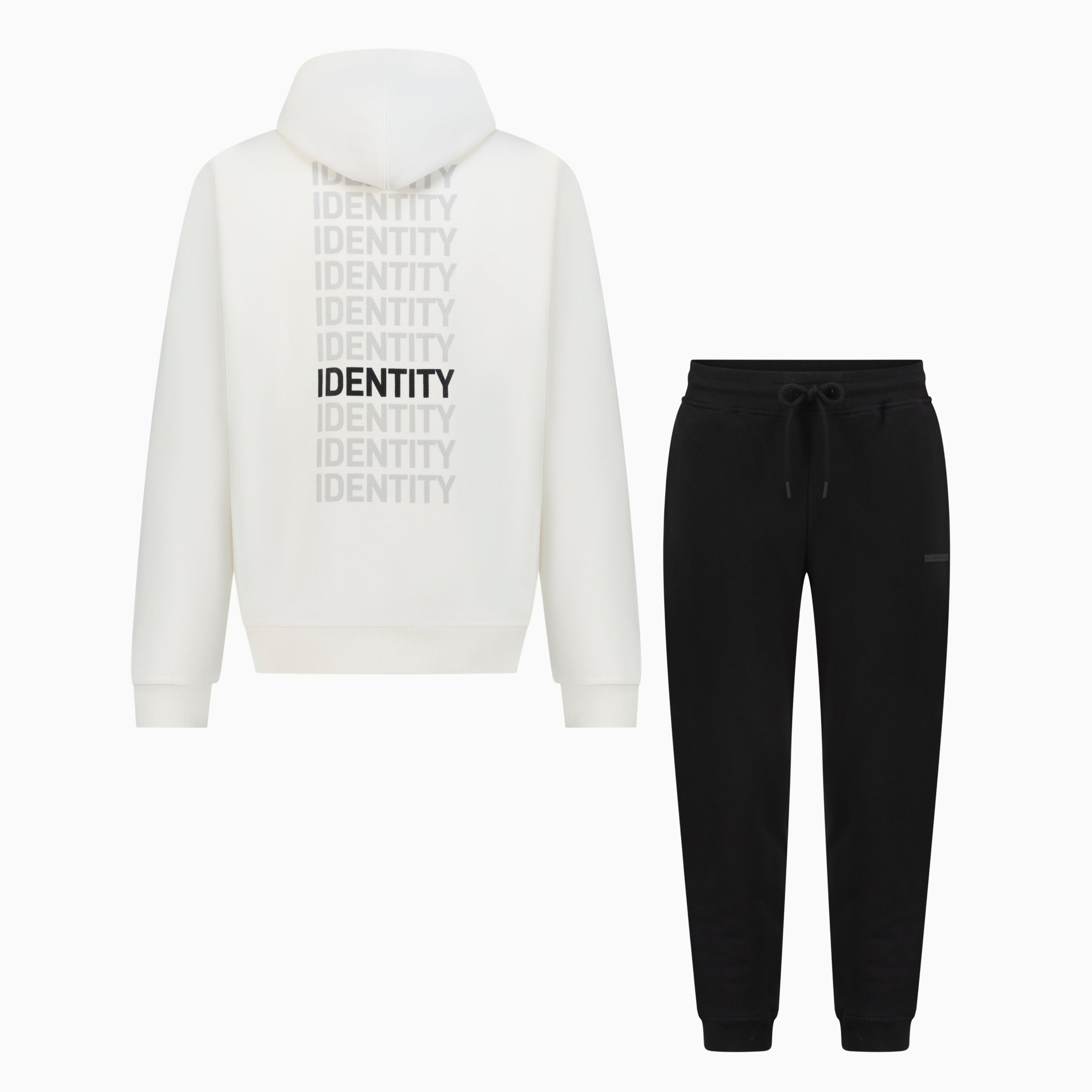White hoodie featuring identity and black jogger pants 