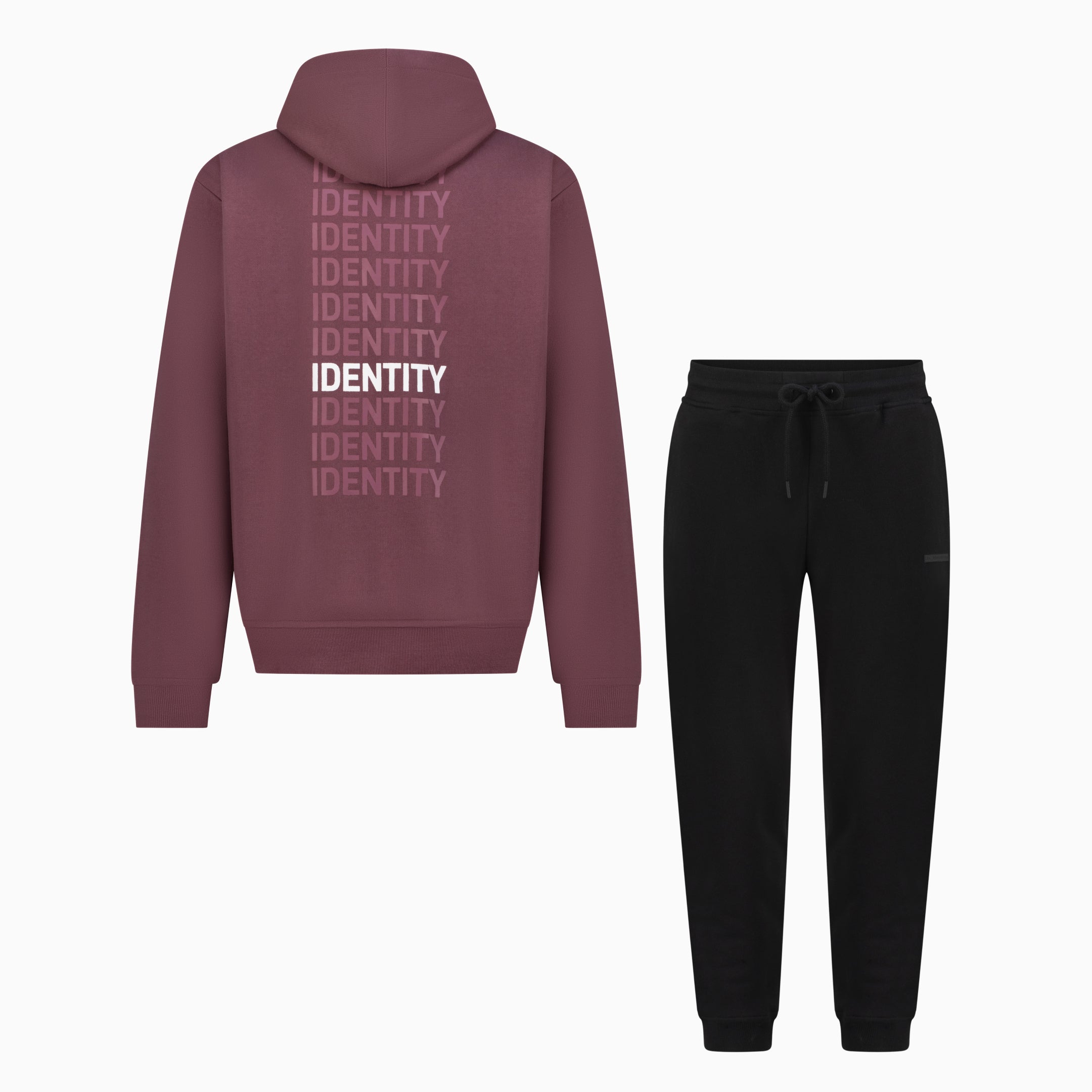 Maroon hoodie with identity text on the back and black pants with drawstring 