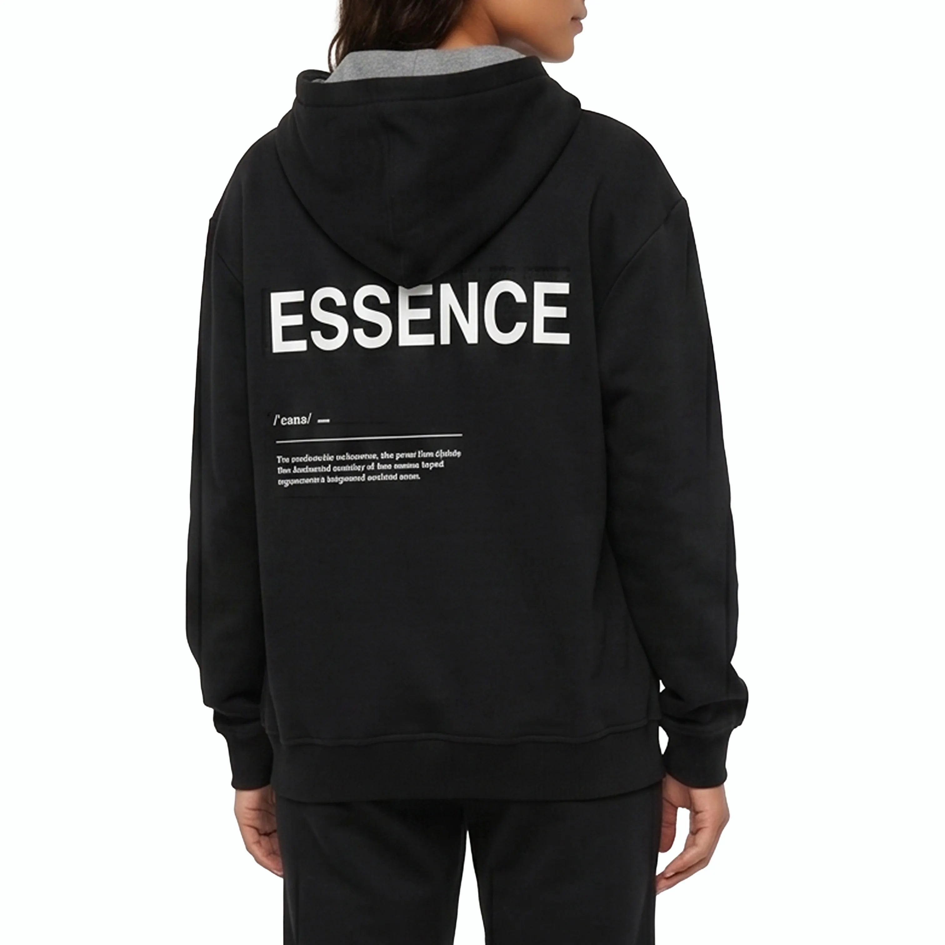 Person wearing Unidentity black hoodie with ESSENCE printed on the back. #color_black