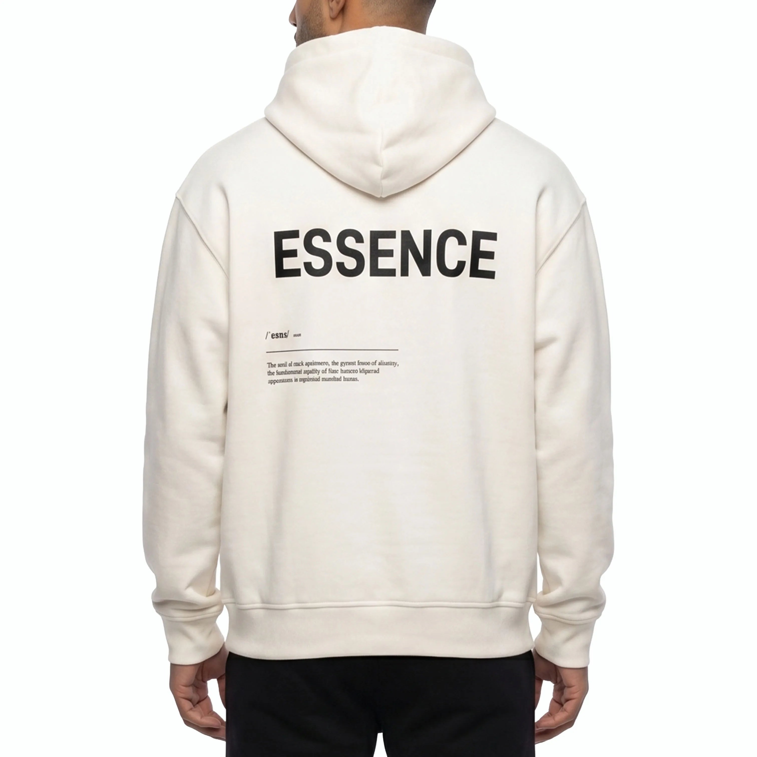 Person wearing Unidentity white hoodie with ESSENCE printed on the back. #color_white