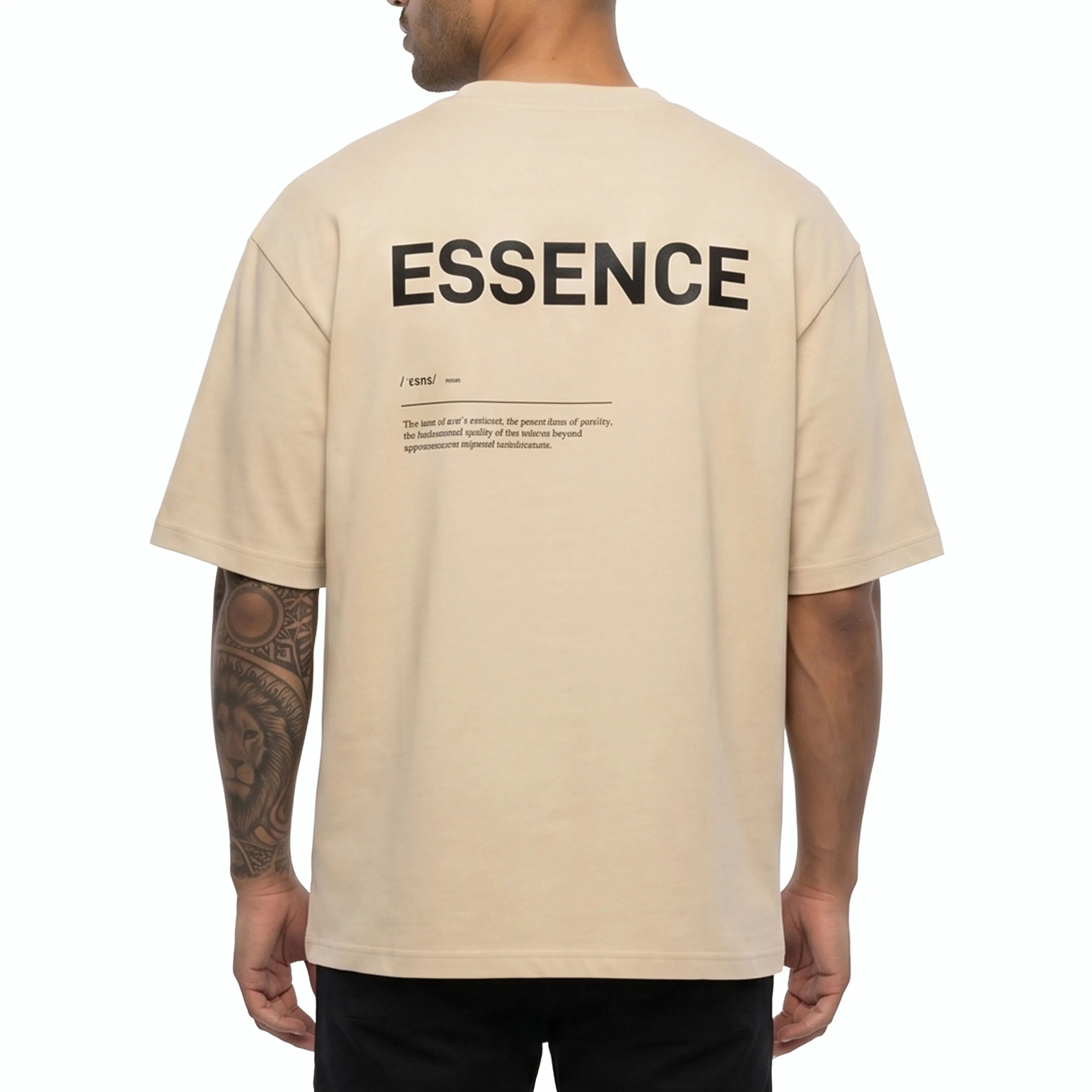 Person wearing beige Unidentity T-shirt with ESSENCE printed on the back. #color_beige