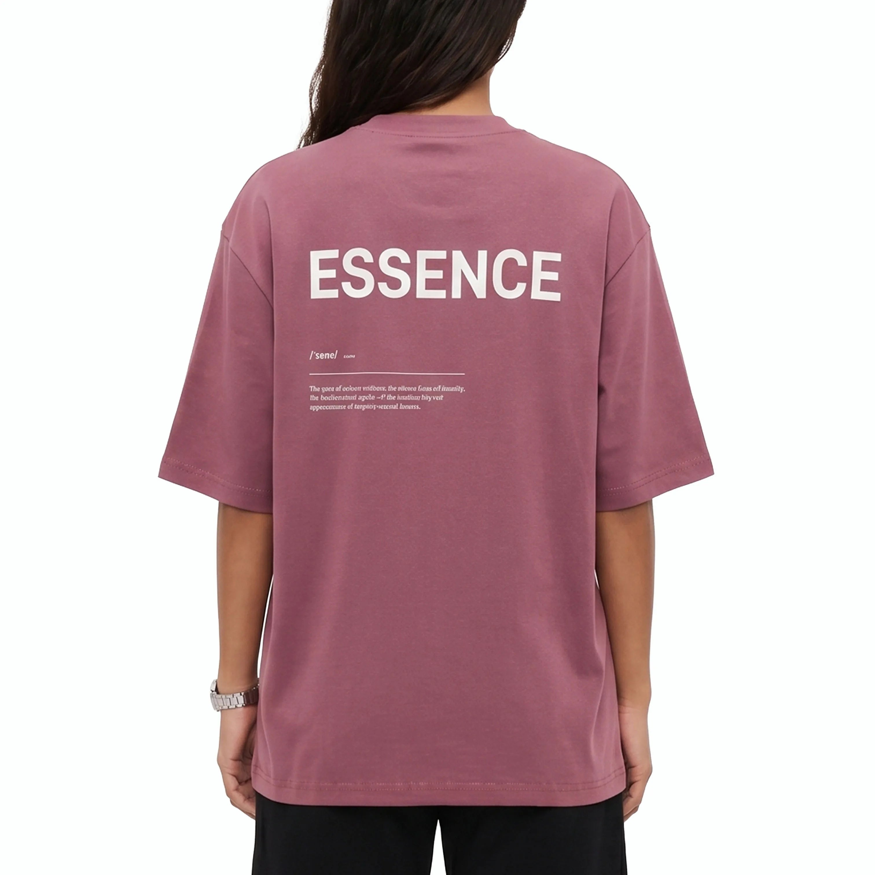 Person wearing plum Unidentity T-shirt with ESSENCE printed on the back. #color_plum