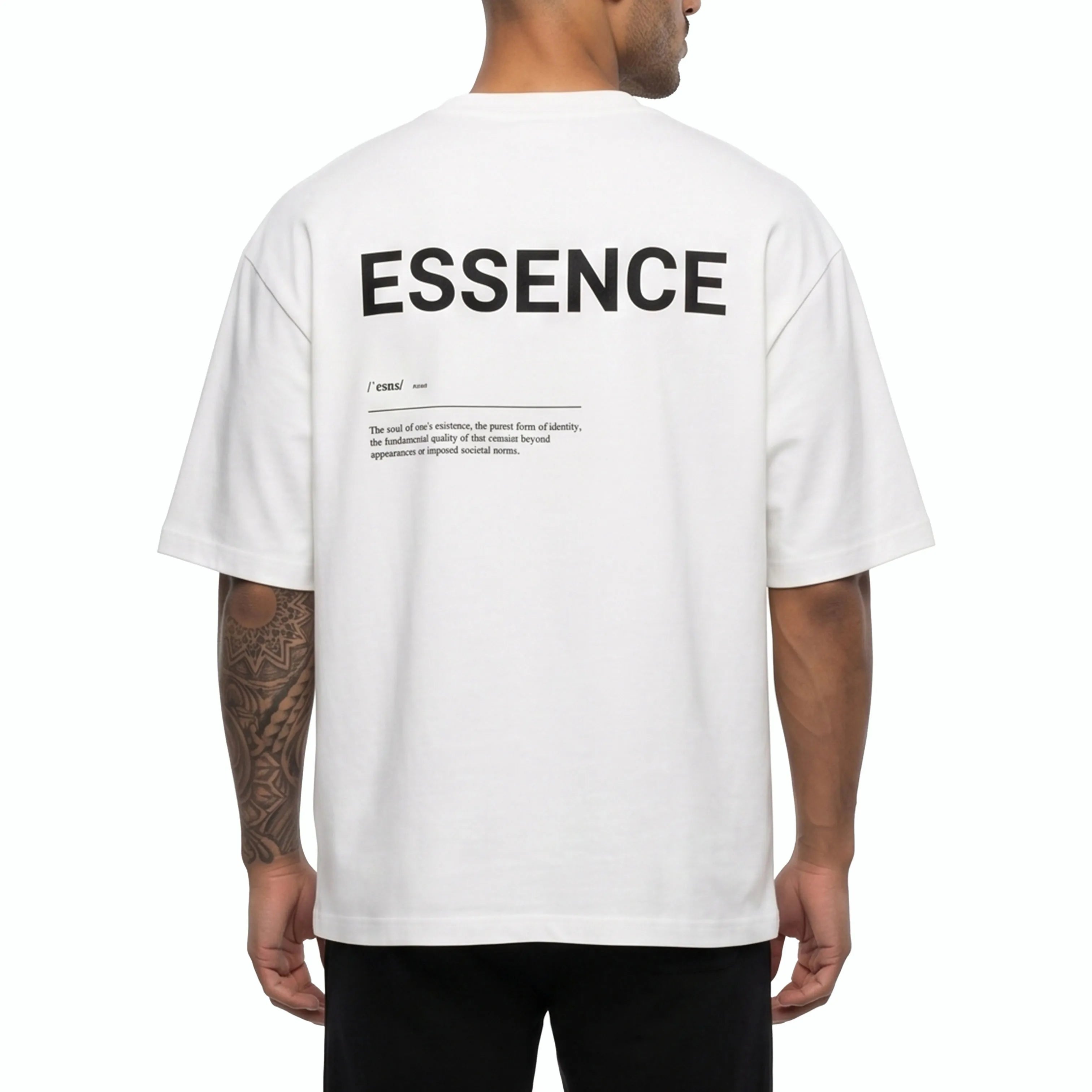 Person wearing white Unidentity T-shirt with ESSENCE printed on the back. #color_white