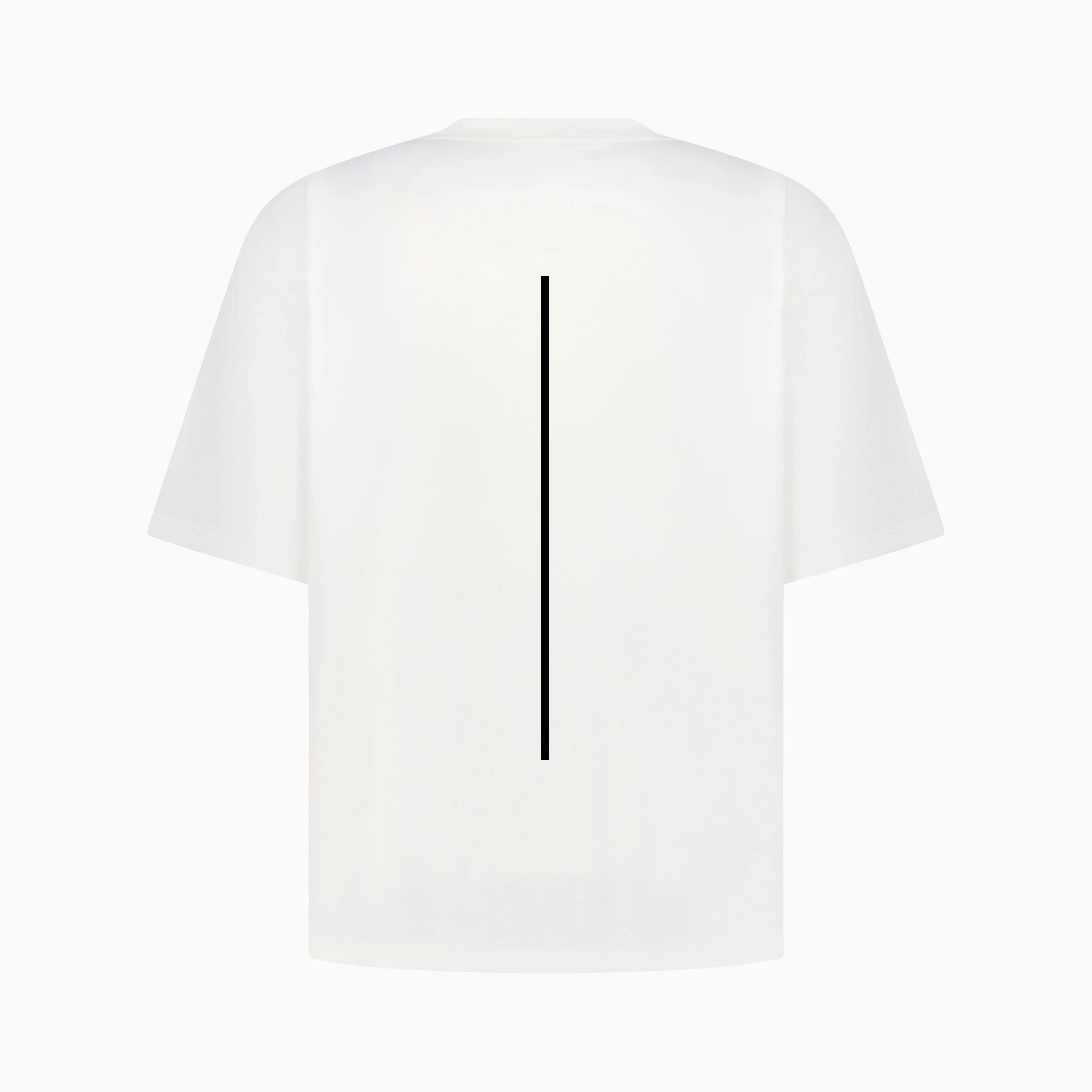 White T-shirt with a line printed on the back. #color_white