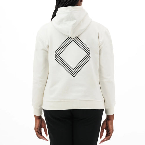 Person wearing white hoodie with black geometric design on the back 