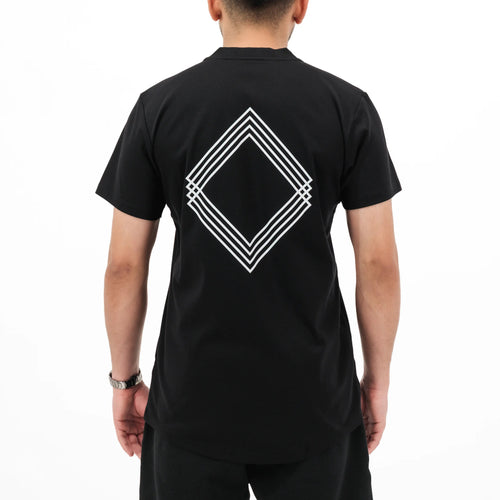 Model wearing black T-shirt with white Gem Unidentity logo on the back