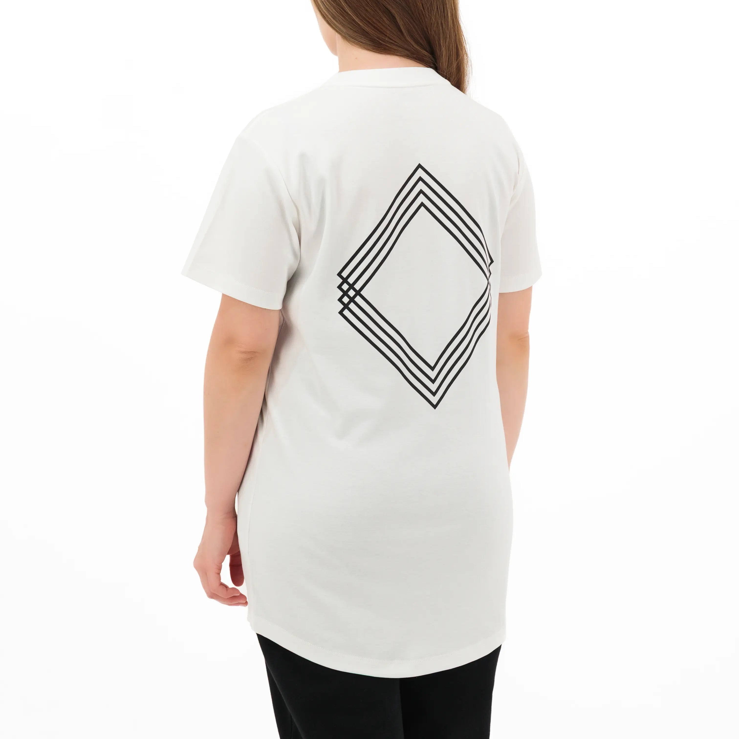 Person wearing white tee with black Gem logo on the back. #color_white