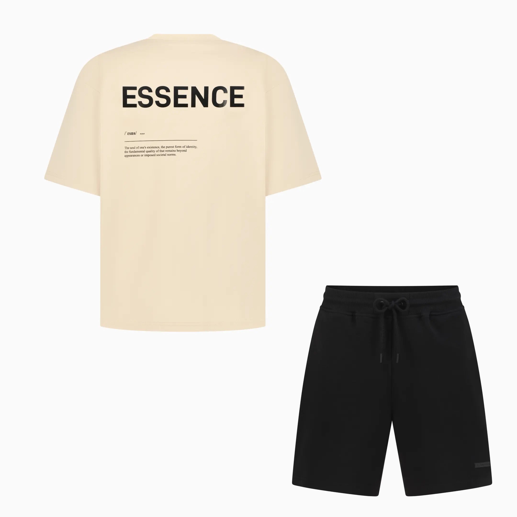 Beige T-shirt with black ESSENCE printed on the back and black shorts 