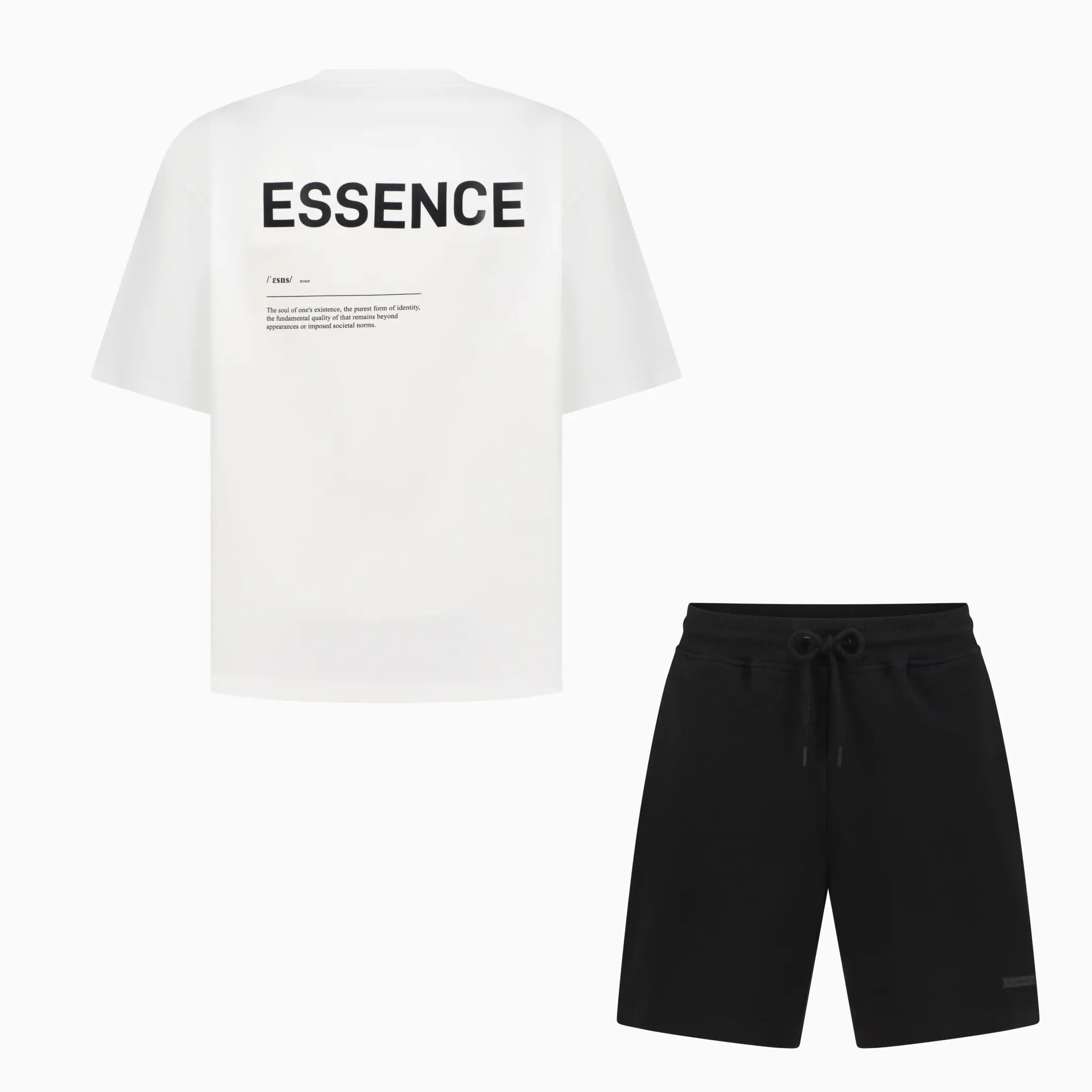 White T-shirt with black ESSENCE text and black shorts 