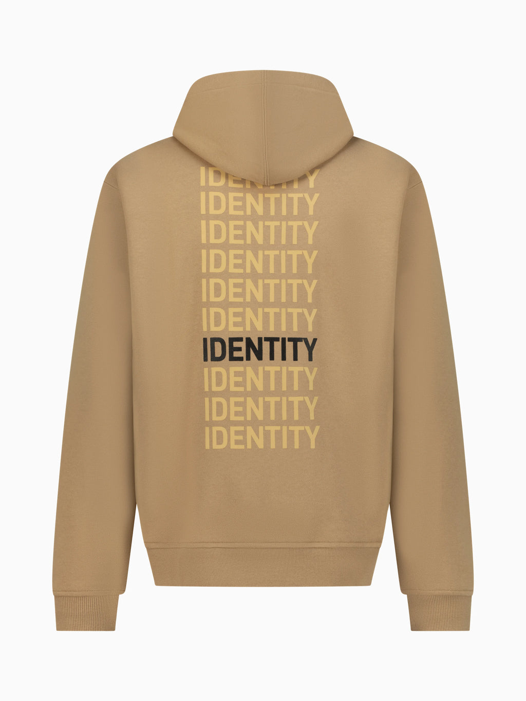 Beige hoodie with identity printed multiple times on the back 