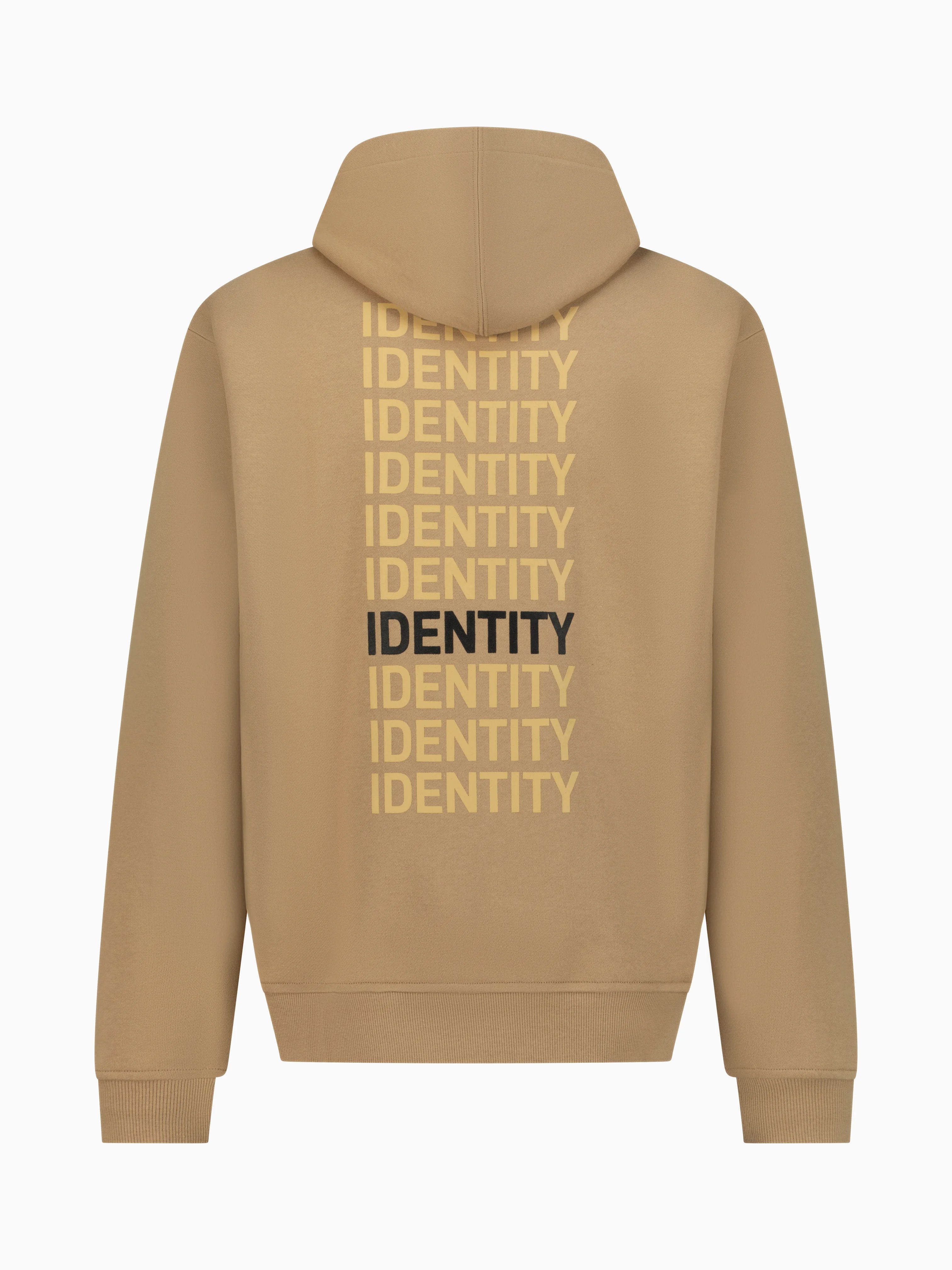Beige hoodie with identity printed multiple times on the back 