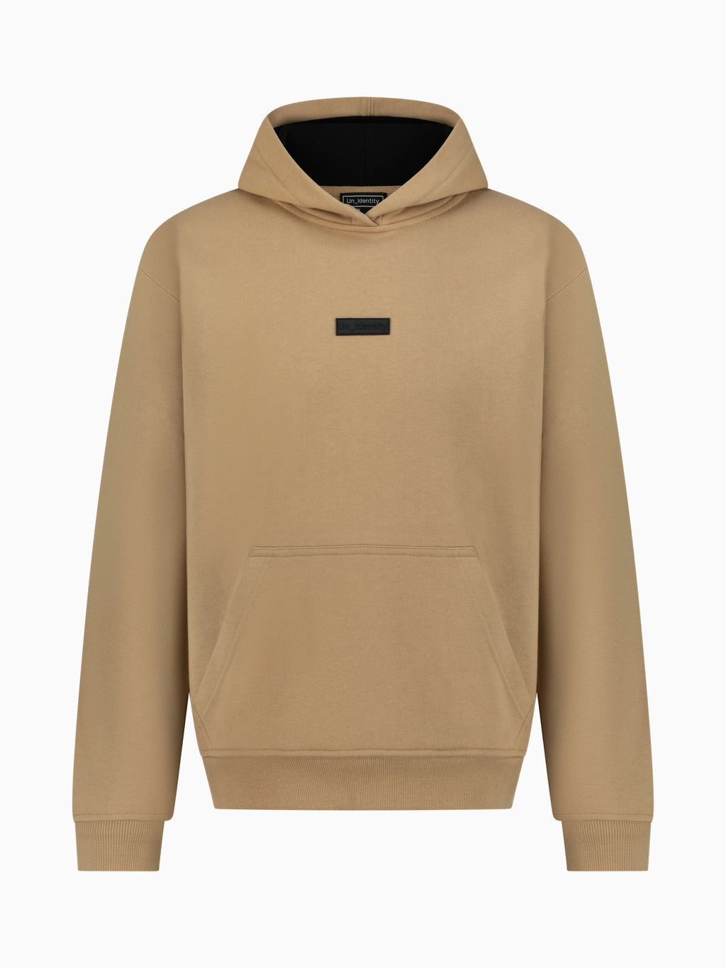Beige hoodie with small black Unidentity logo on the chest 