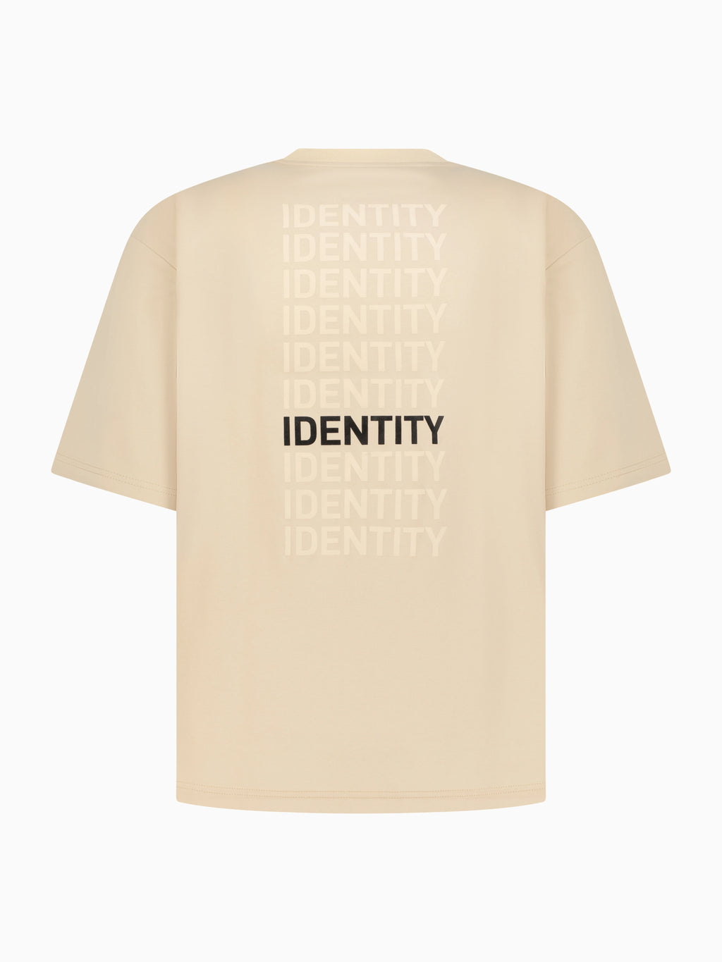 Beige T-shirt with identity text on the back 