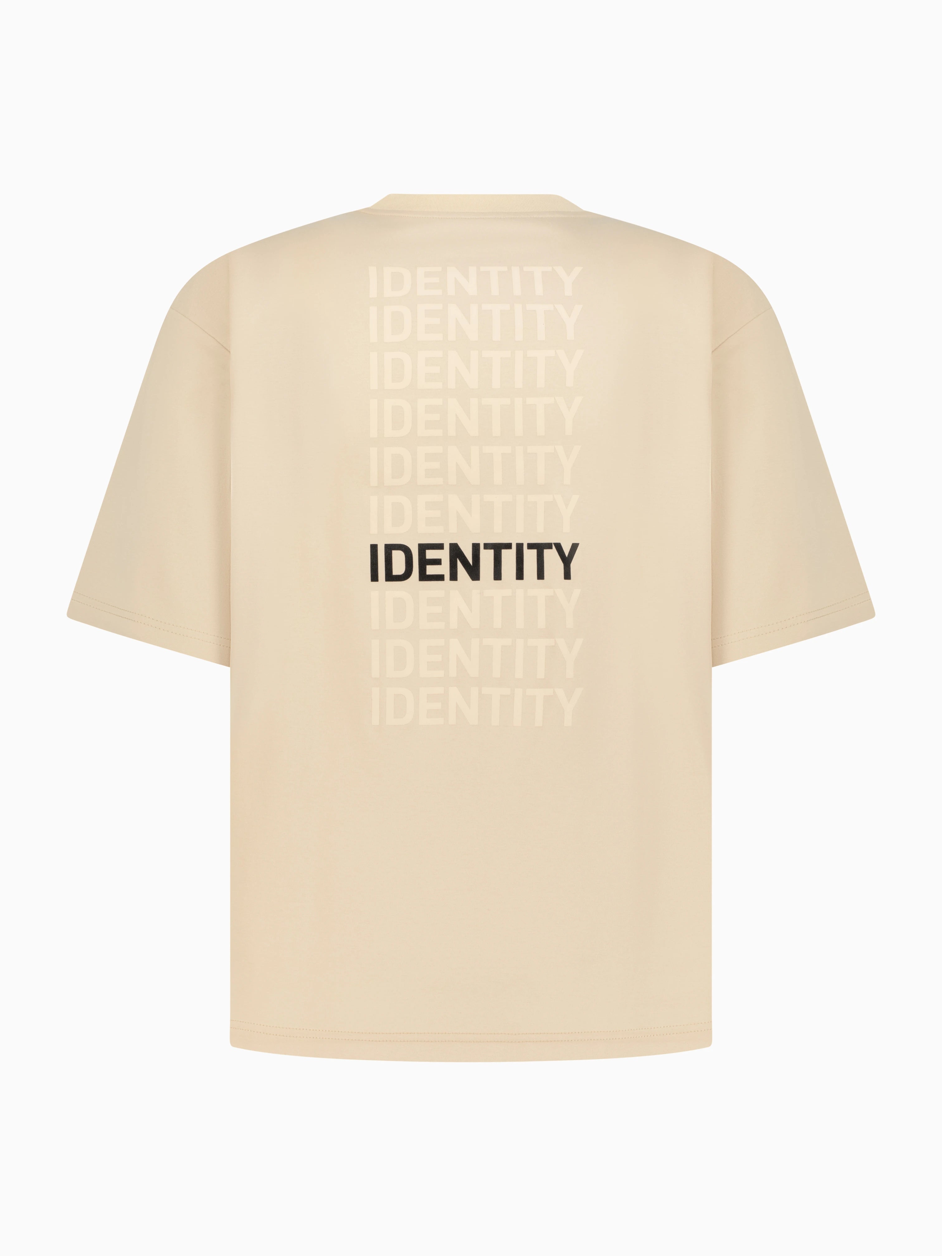 Beige T-shirt with identity text on the back. #color_beige