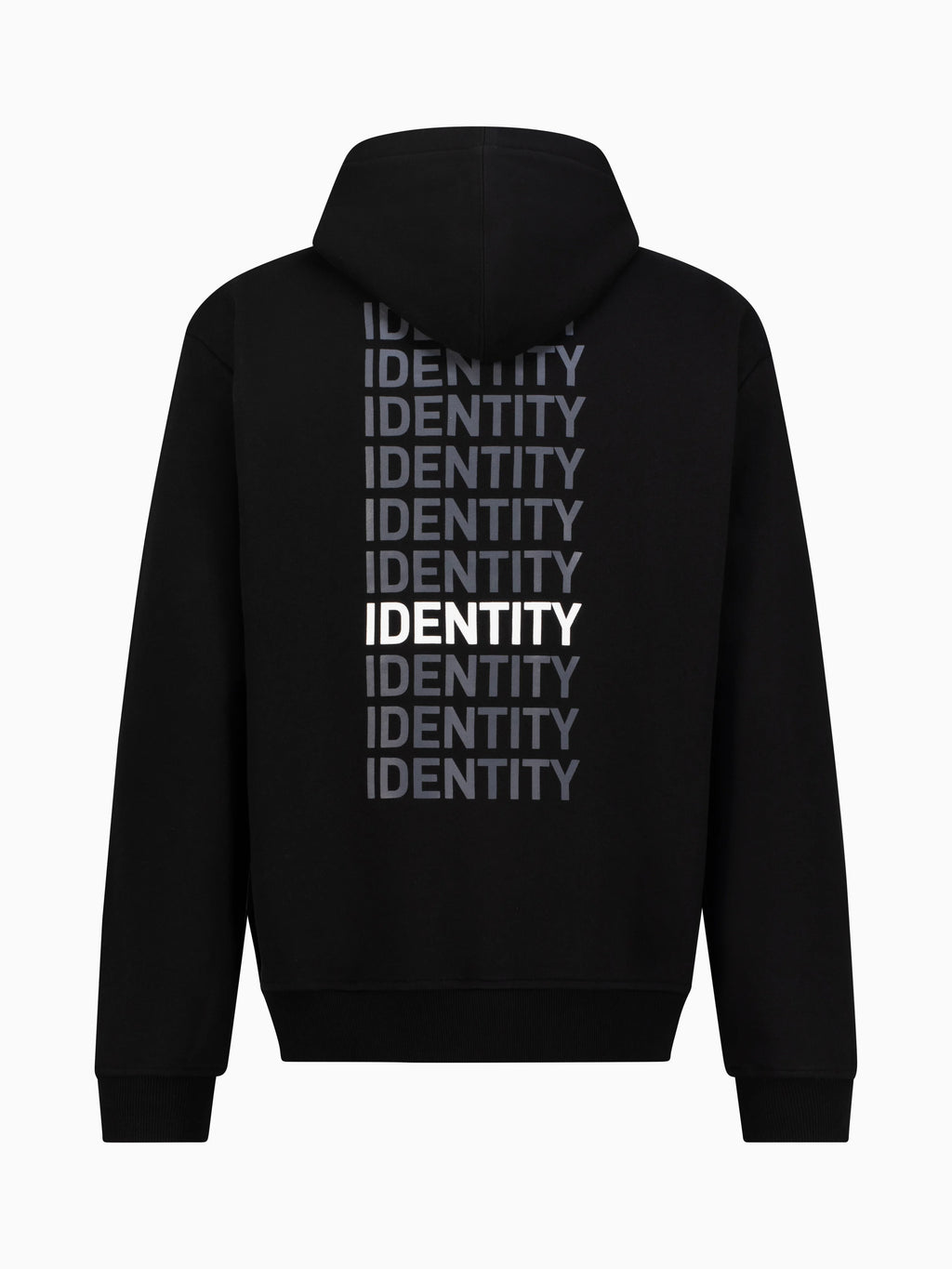 Black hoodie with identity vertically printed multiple times on the back