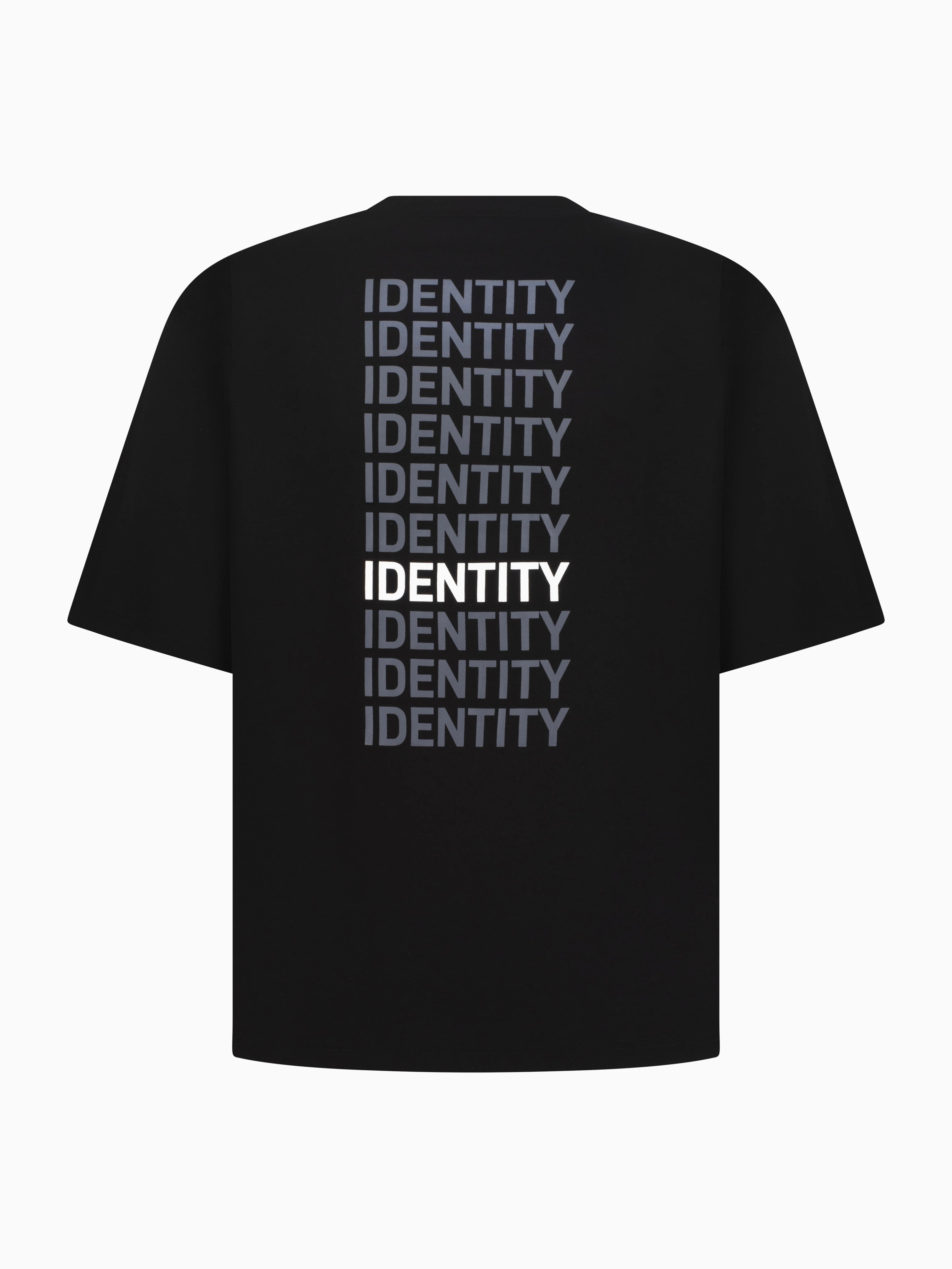 Black T-shirt with identity texts printed vertically on the back 