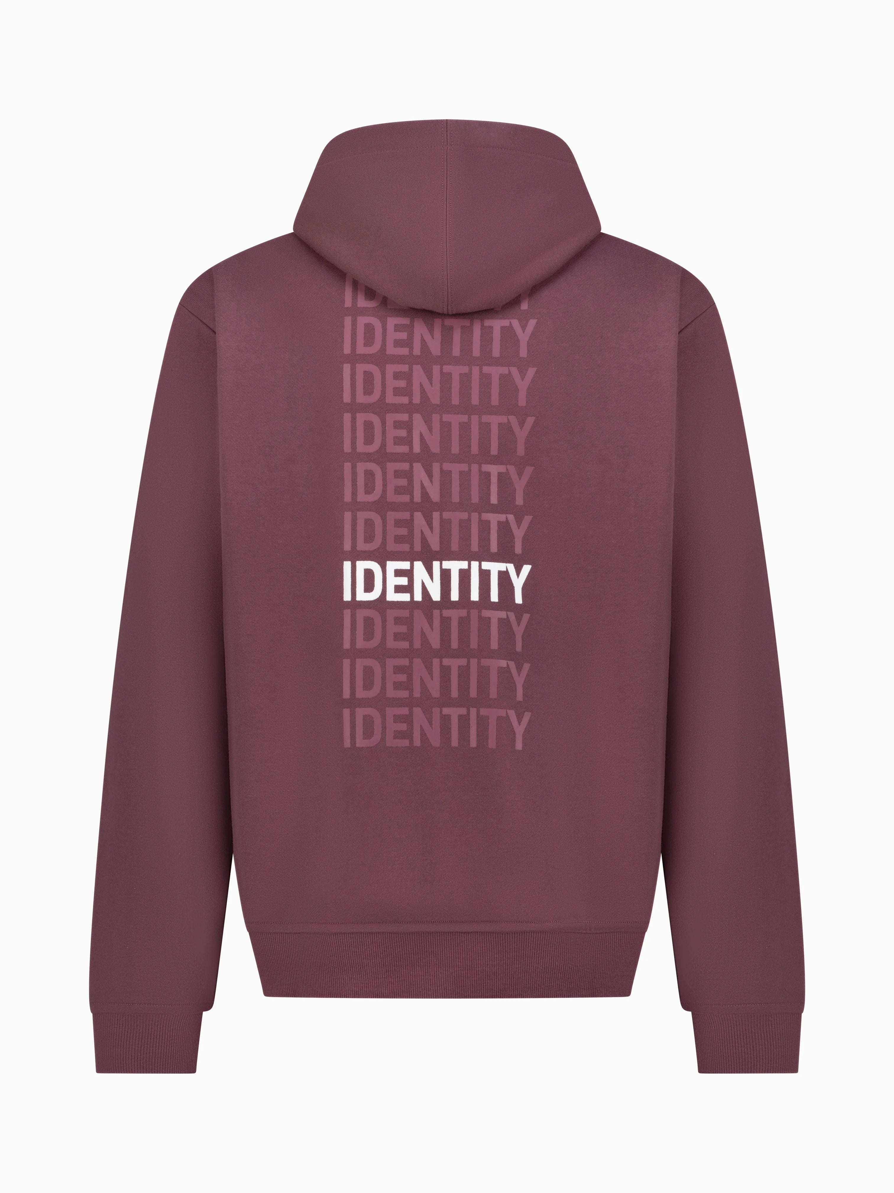 Maroon hoodie with identity vertically printed multiple times on the back 