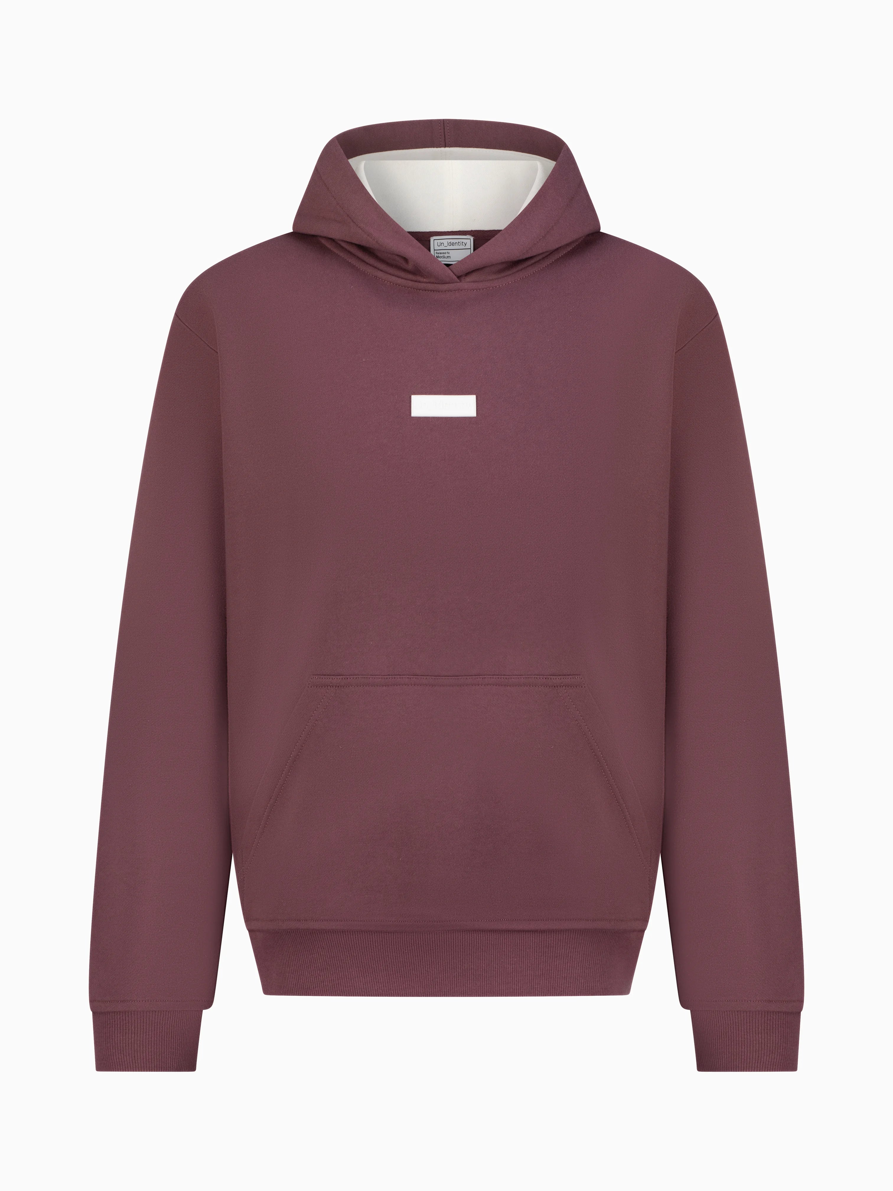 Plum  hoodie with small white Unidentity 3D patch logo on the chest. #color_plum