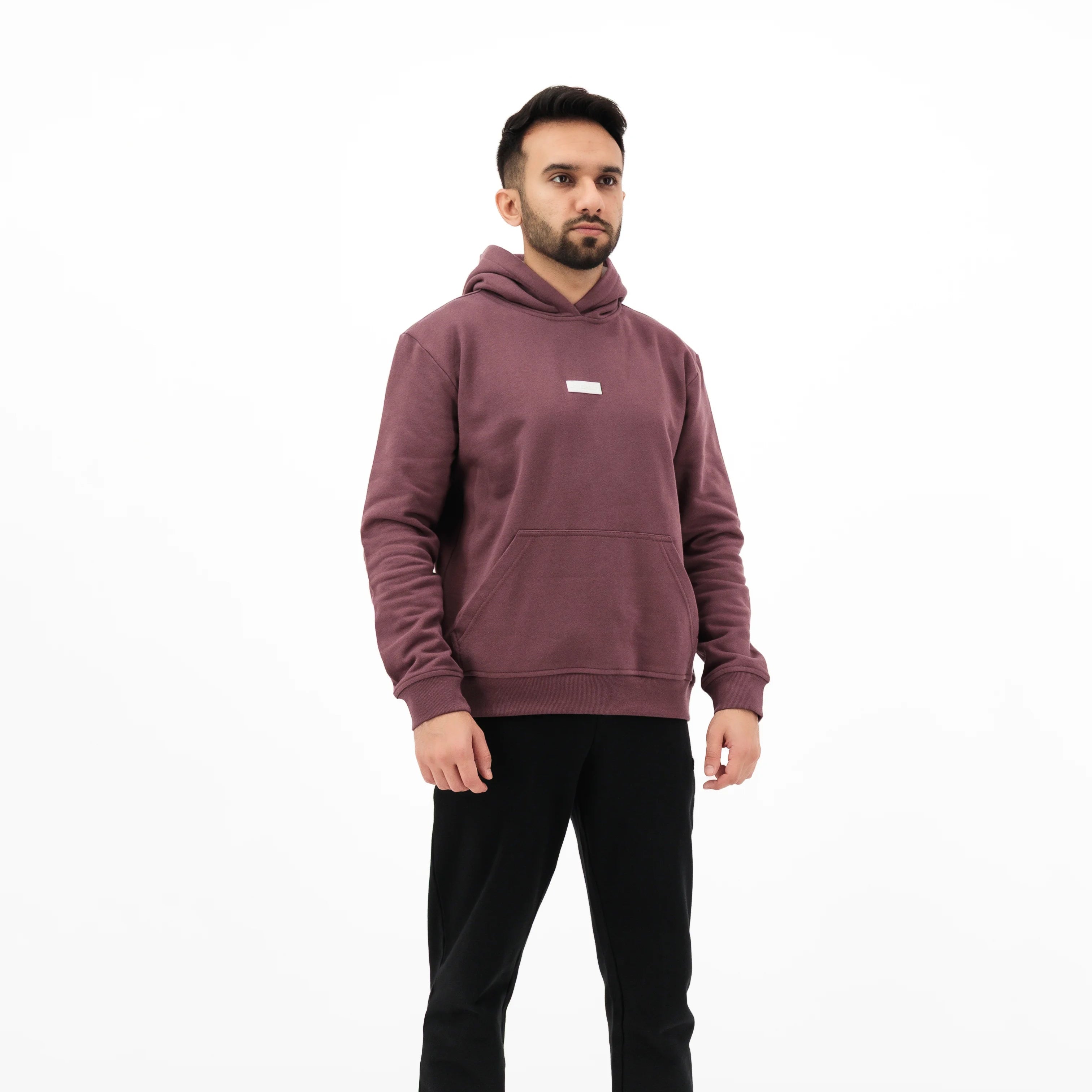Man wearing Unidentity maroon hoodie and black pants. #color_plum