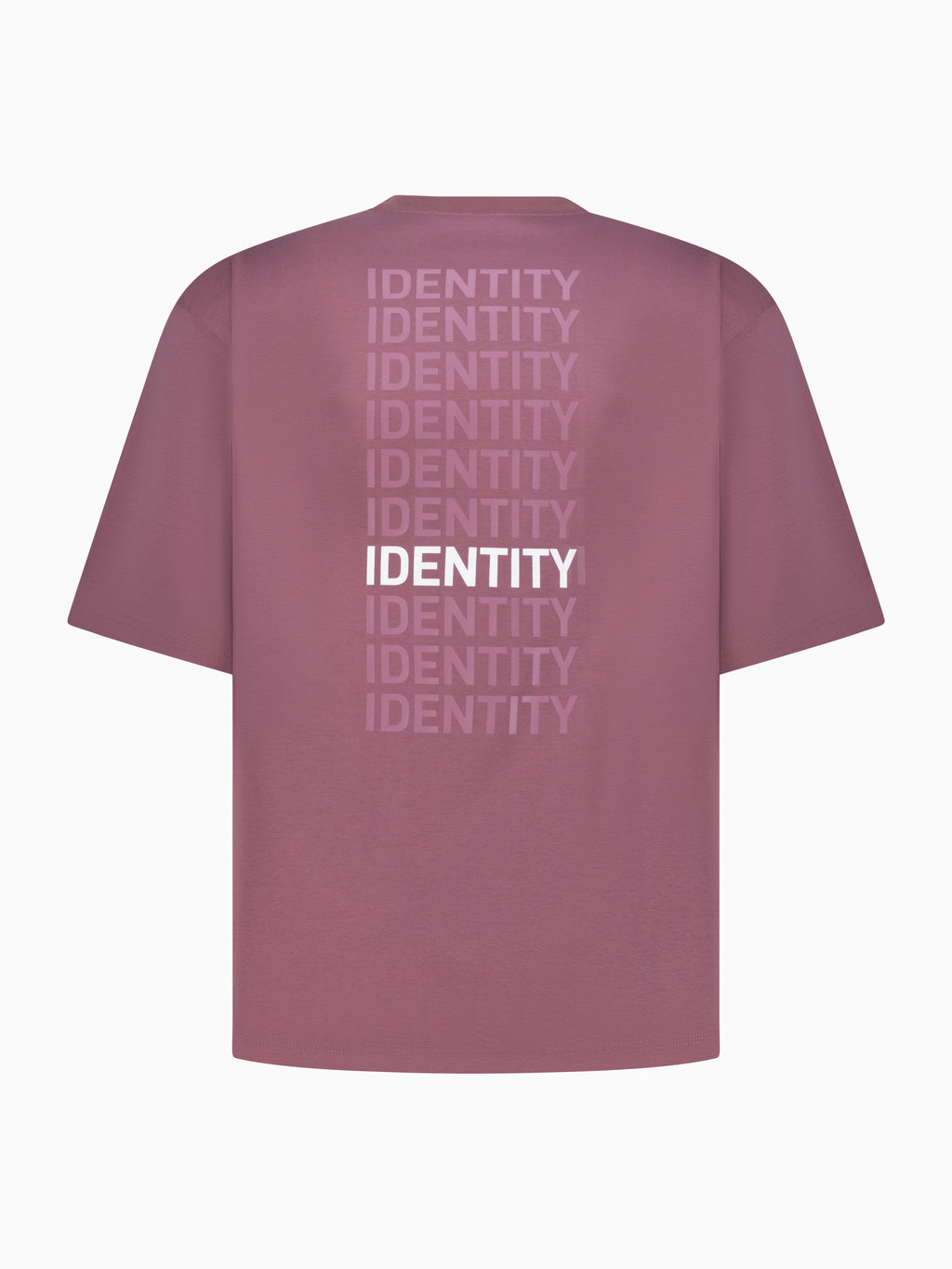 Plum T-shirt with identity printed multiple times on the back 