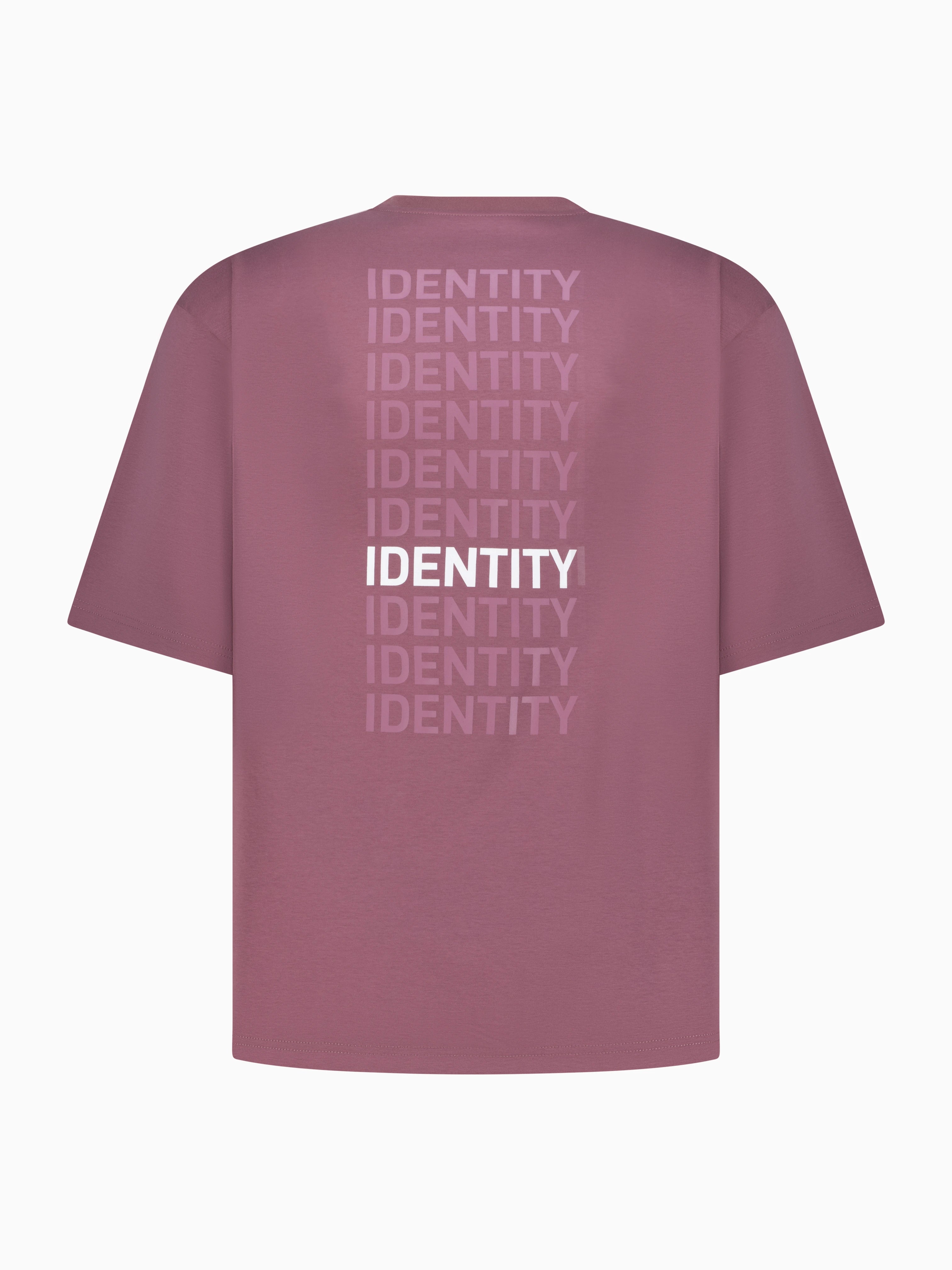 Plum T-shirt with identity printed multiple times on the back. #color_plum