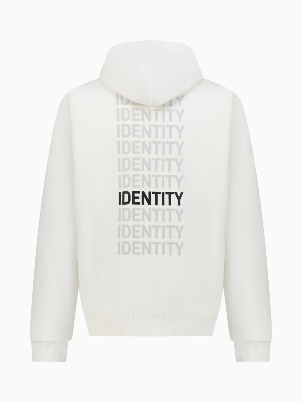 White hoodie with identity printed multiple times on the back