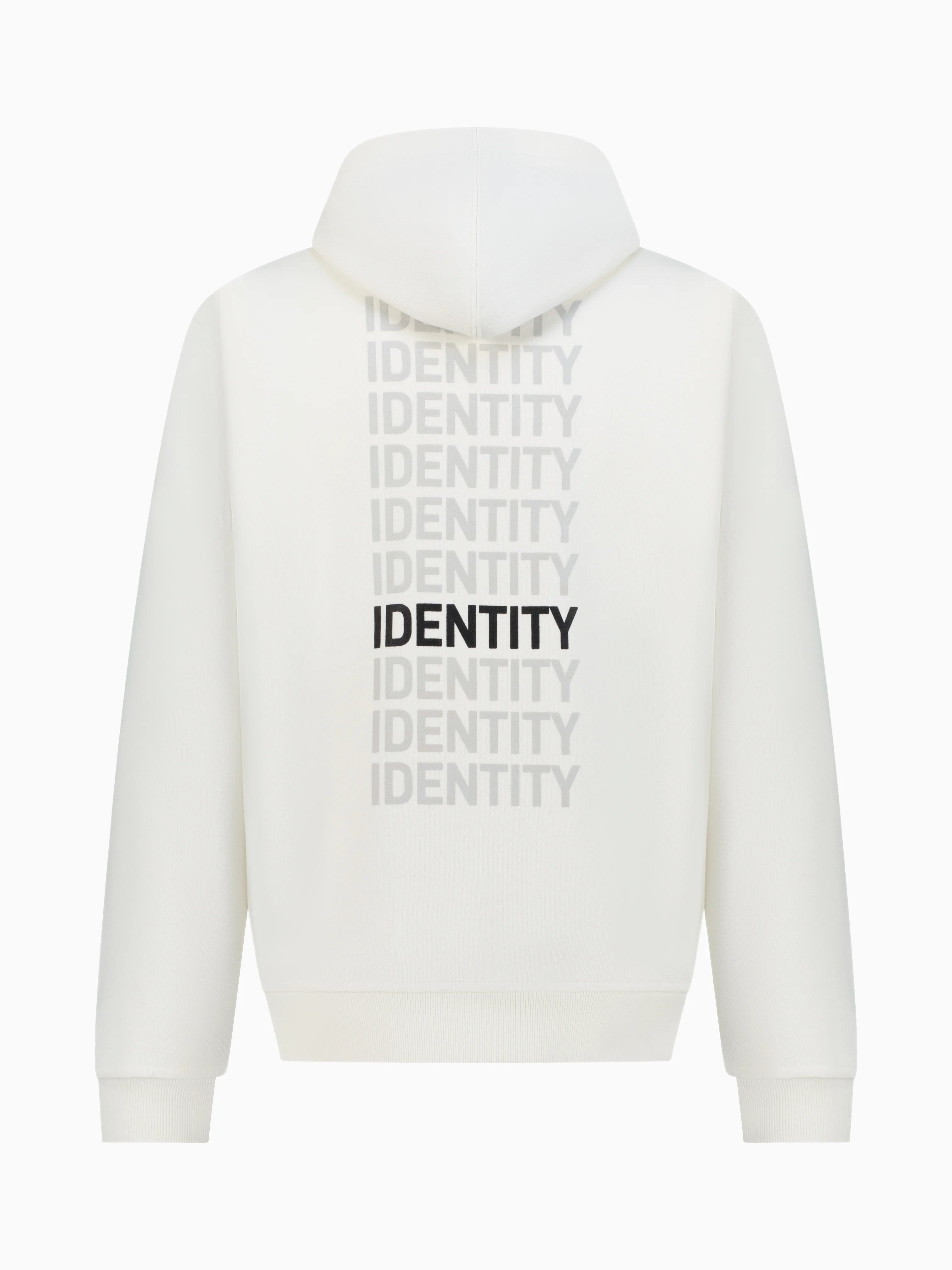 White hoodie with identity printed multiple times on the back