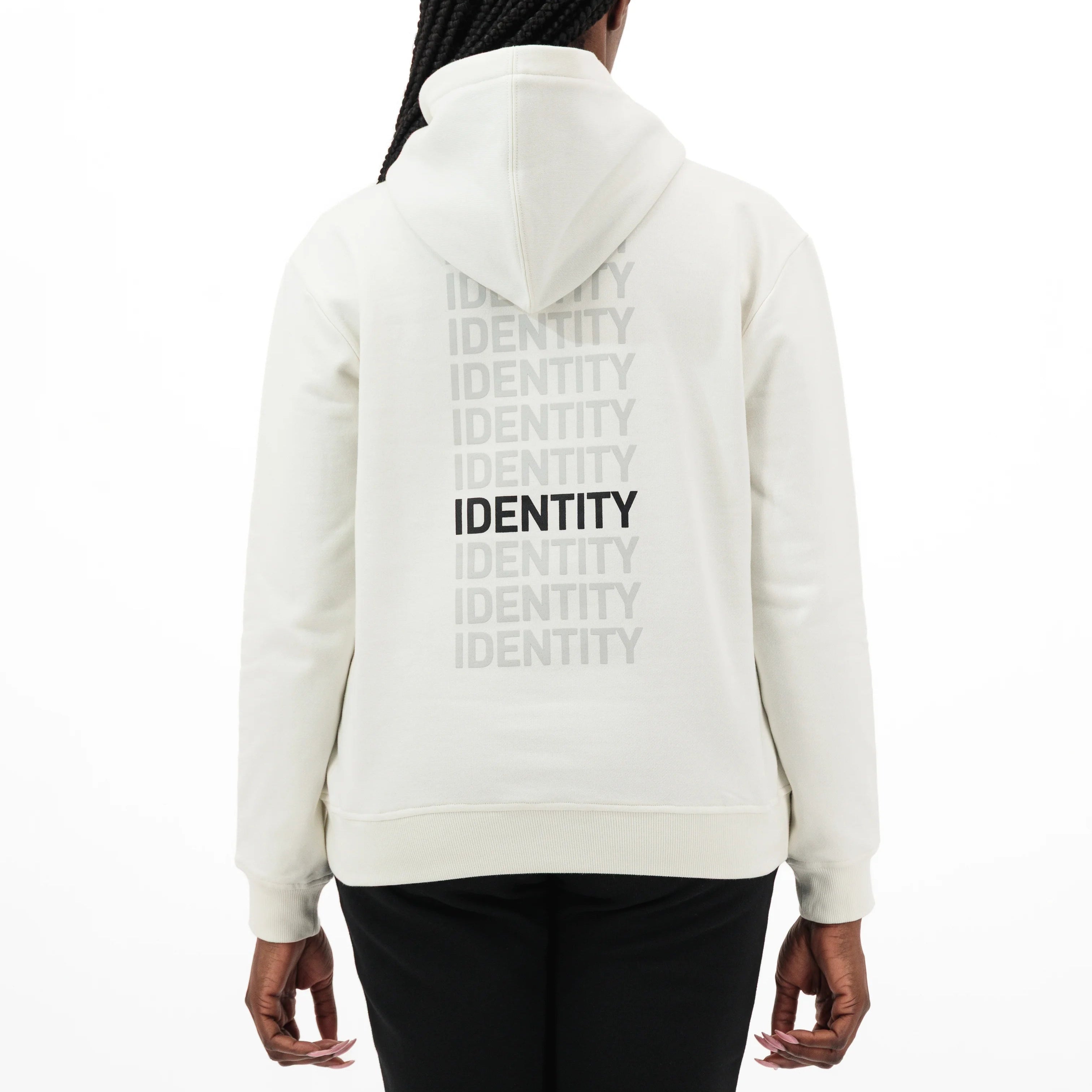 White hoodie with identity text on the back on model