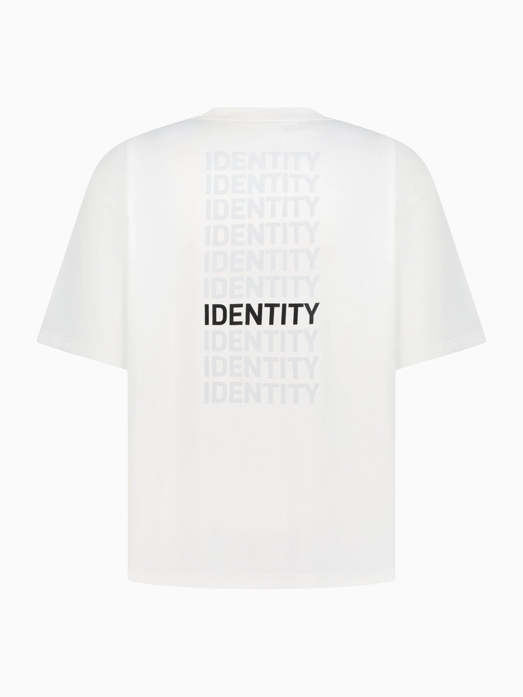 White T-shirt with identity text printed multiple times on the back