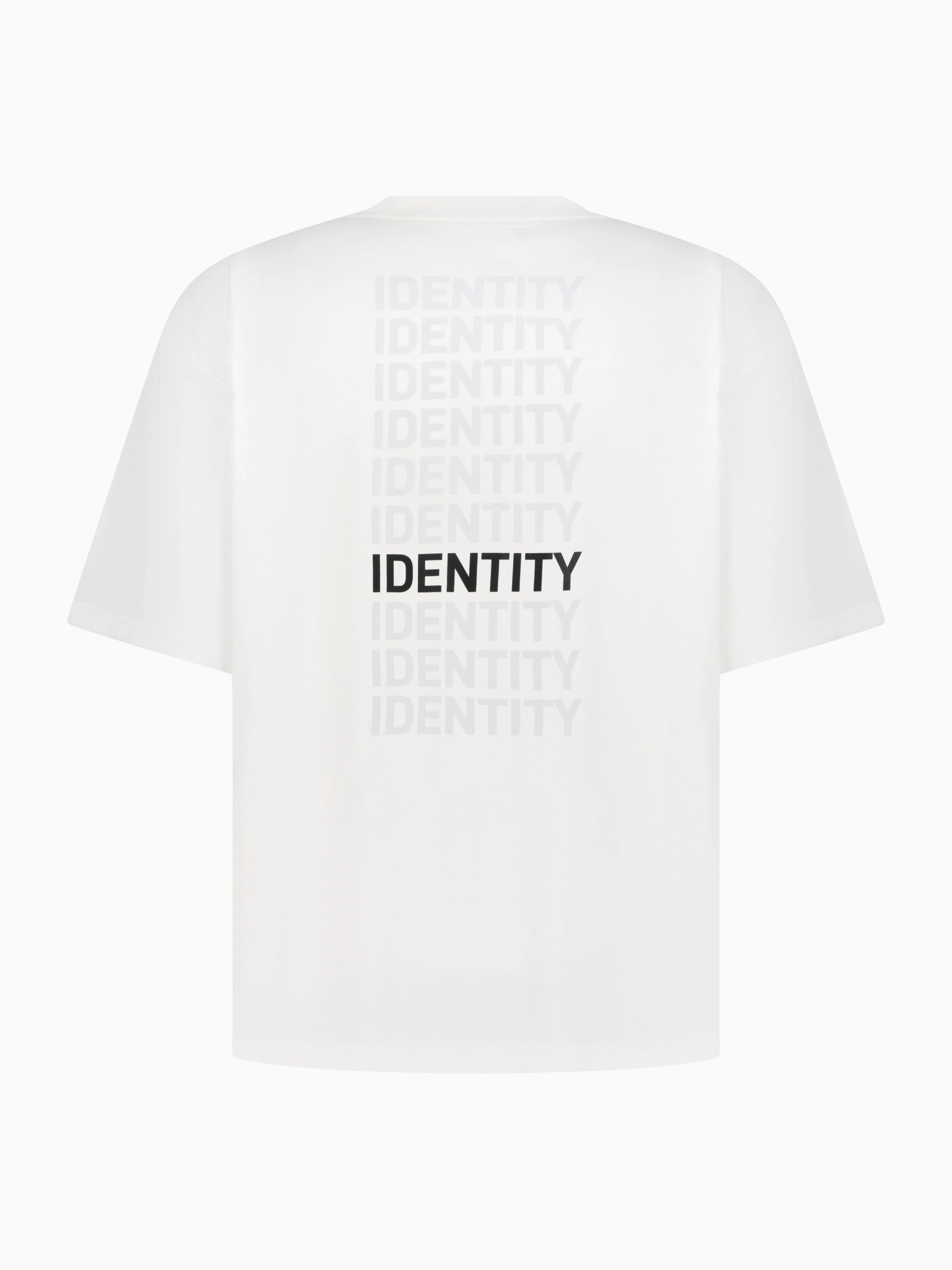 White T-shirt with identity text printed multiple times on the back